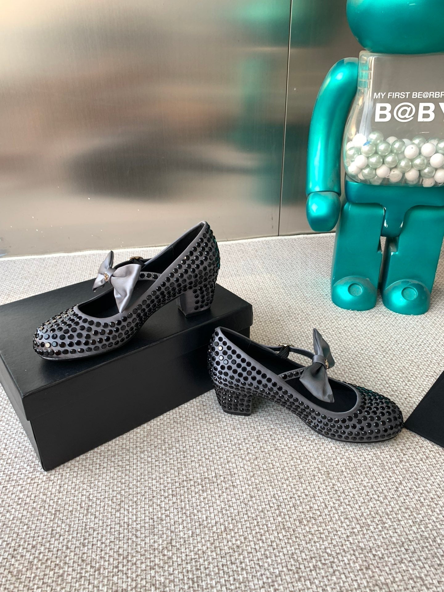 CHANEL MARY JANES SHOES IN STEEL GRAY SATIN WITH BLACK RHINESTONES
