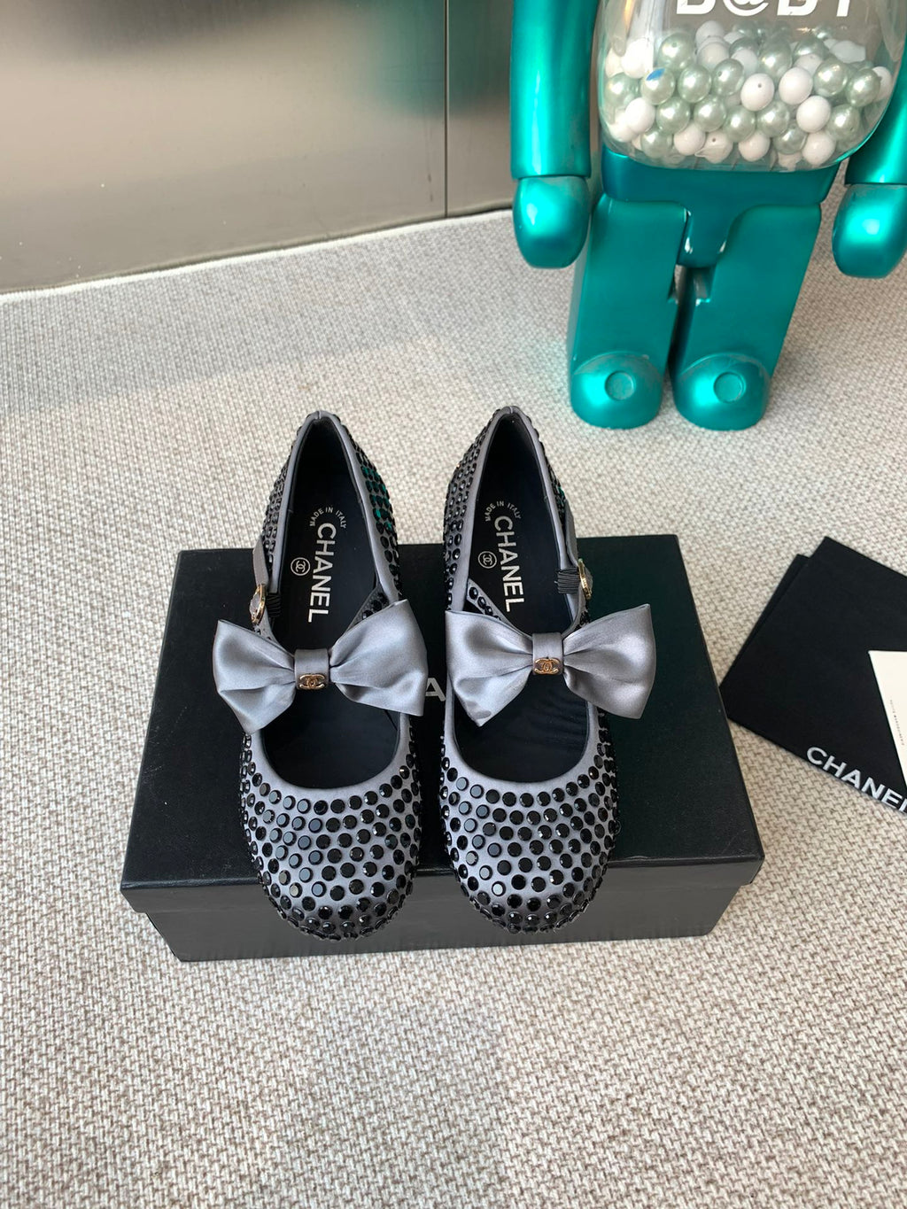 CHANEL MARY JANES SHOES IN STEEL GRAY SATIN WITH BLACK RHINESTONES