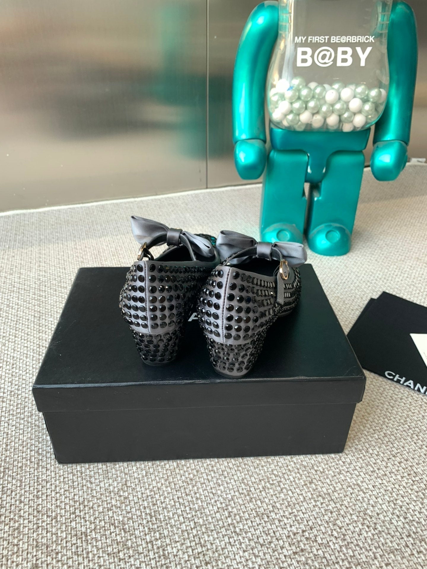 CHANEL MARY JANES SHOES IN STEEL GRAY SATIN WITH BLACK RHINESTONES