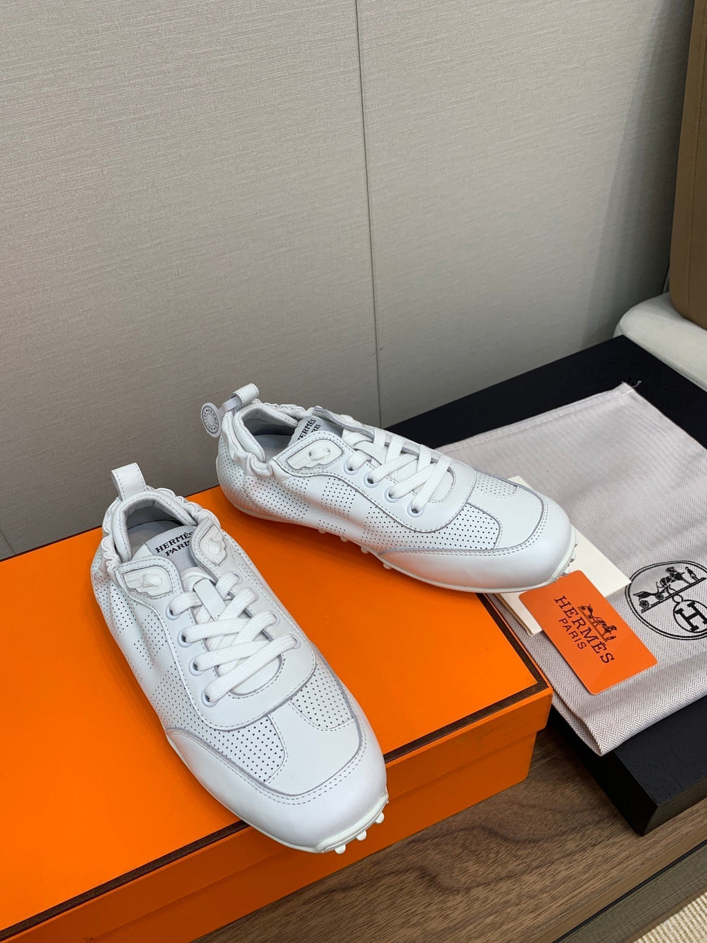 HERMES SKATEBOARD SHOES LIGHT GRAY CALFSKIN