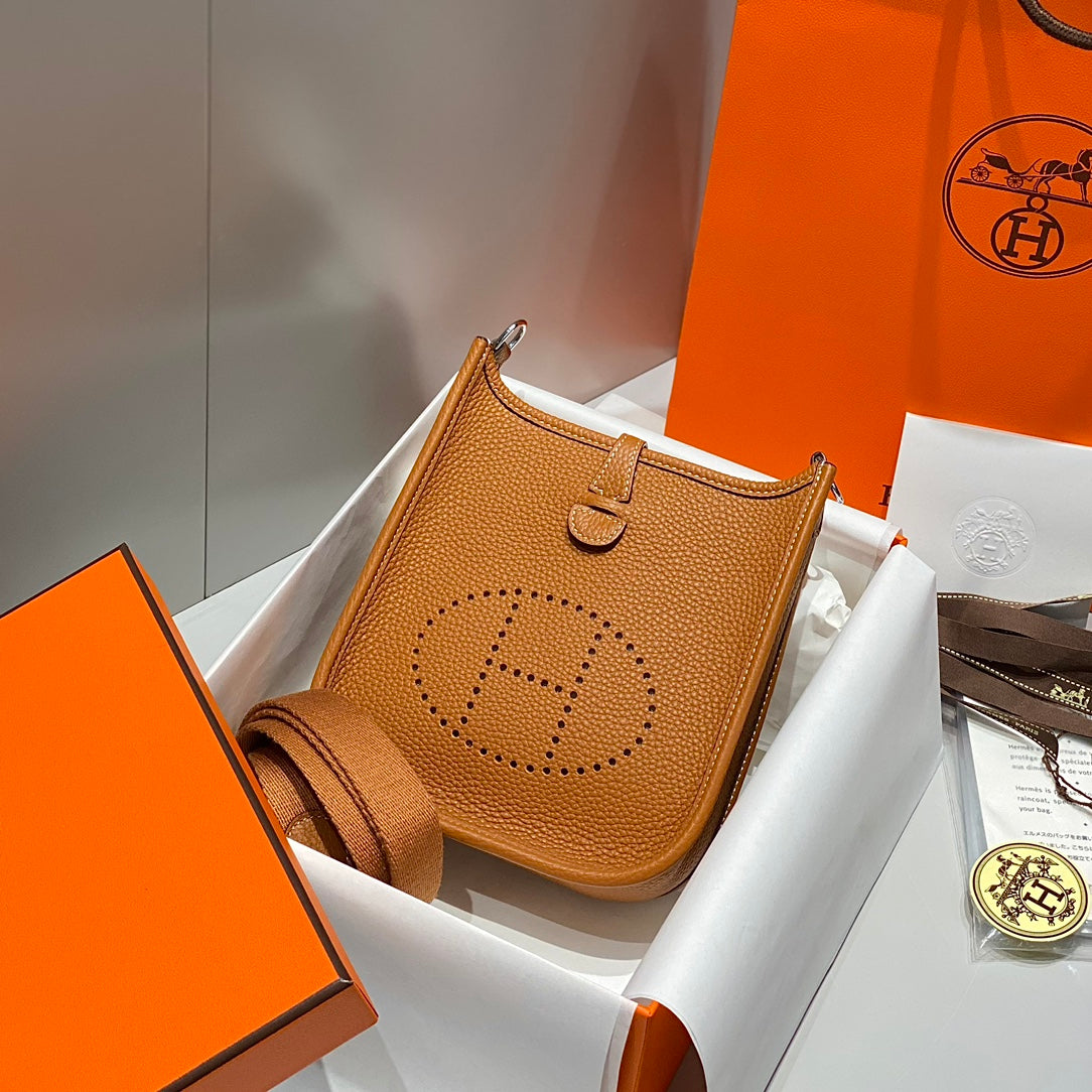 HERMES MINI NEO 18 EVELYNE BAG IN TAWNY BROWN GRAINED CALFSKIN