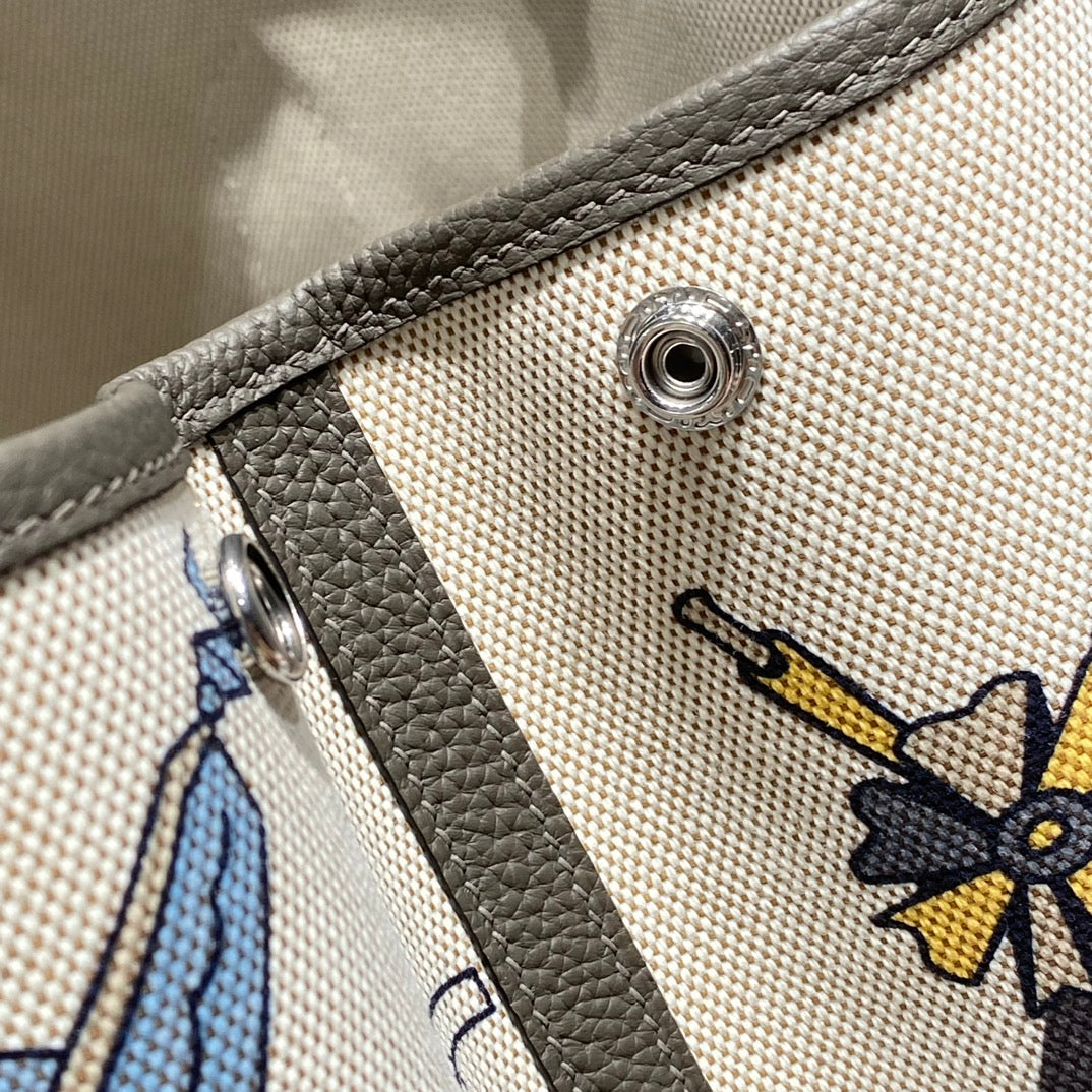 HERMES GARDEN PARTY 36 IN IVORY YELLOW BLUE TOILE H CANVAS ETOUPE CALFSKIN EQUESTRIAN HARNESS PRINT