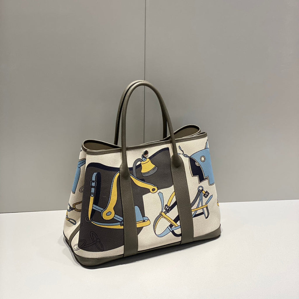 HERMES GARDEN PARTY 36 IN IVORY YELLOW BLUE TOILE H CANVAS ETOUPE CALFSKIN EQUESTRIAN HARNESS PRINT