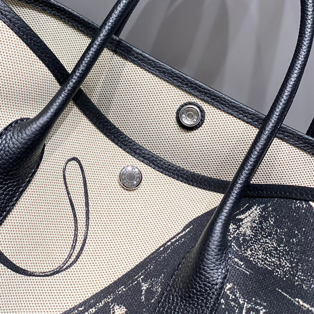 HERMES GARDEN PARTY 36 IN BEIGE AND BLACK TOILE H CANVAS BLACK CALFSKIN HORSE TACK SKETCH PRINT