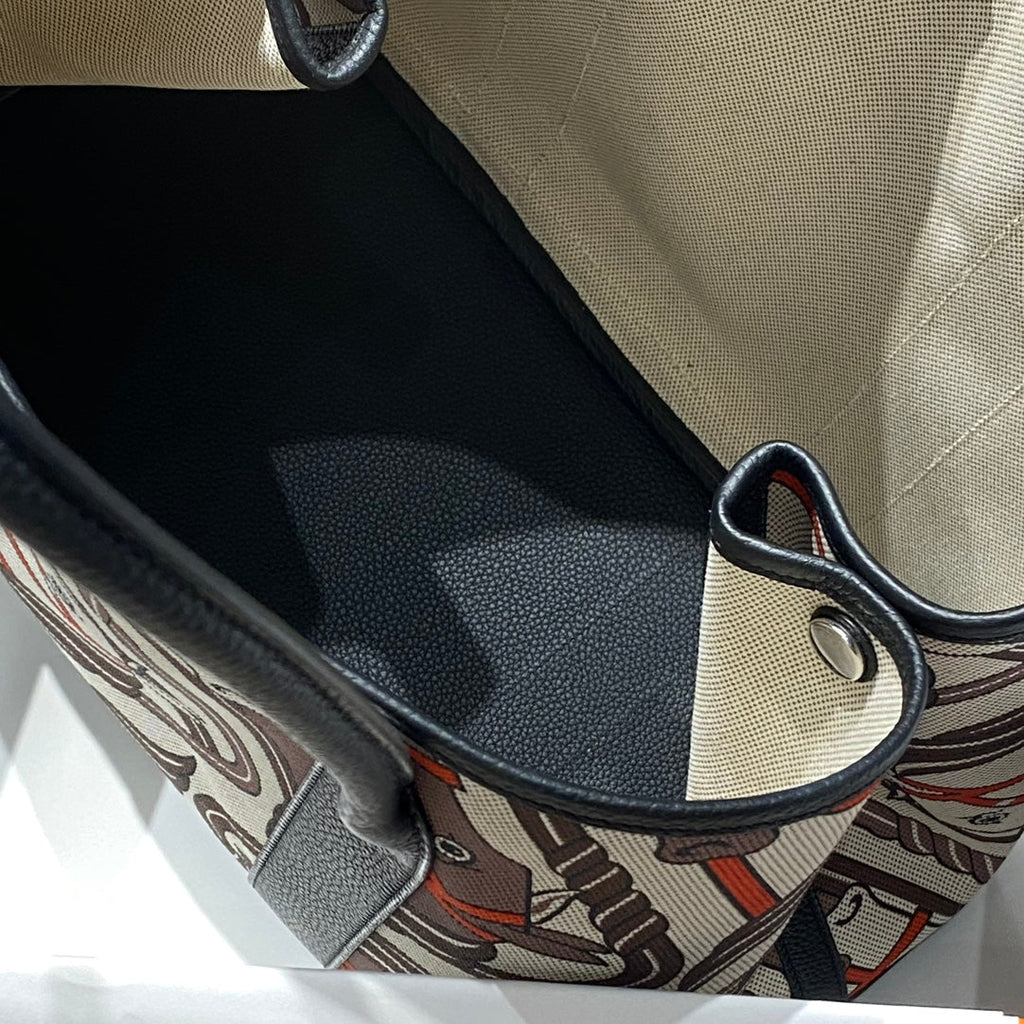 HERMES GARDEN PARTY 36 IN BEIGE ORANGE AND BROWN TOILE H CANVAS BLACK CALFSKIN HORSE TOTEM PRINT