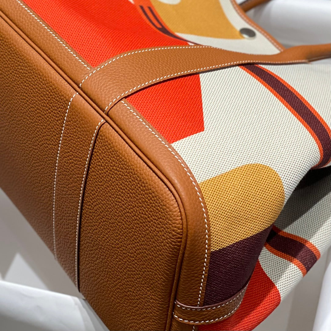 HERMES GARDEN PARTY 36 IN MULTICOLOR TOILE H CANVAS GOLD CALFSKIN ABSTRACT GEOMETRIC BLOCKS PRINT