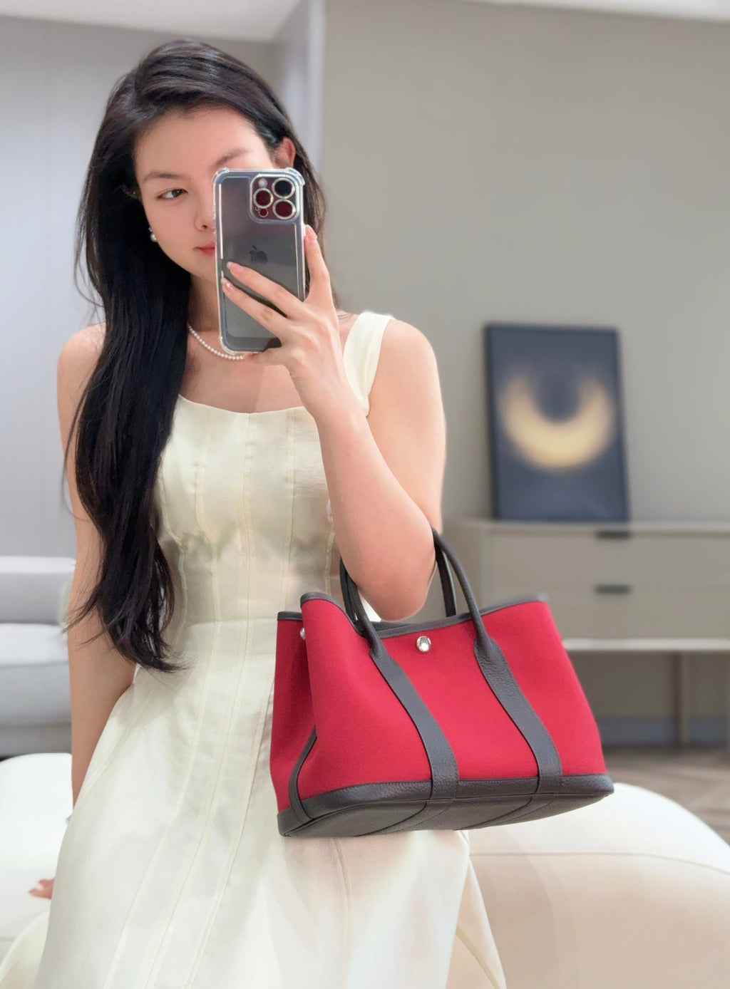 HERMES GARDEN PARTY 30CM IN RED TOILETS COTTON CANVAS AND DARK BROWN CALFSKIN PINK ON SIDE OTHER