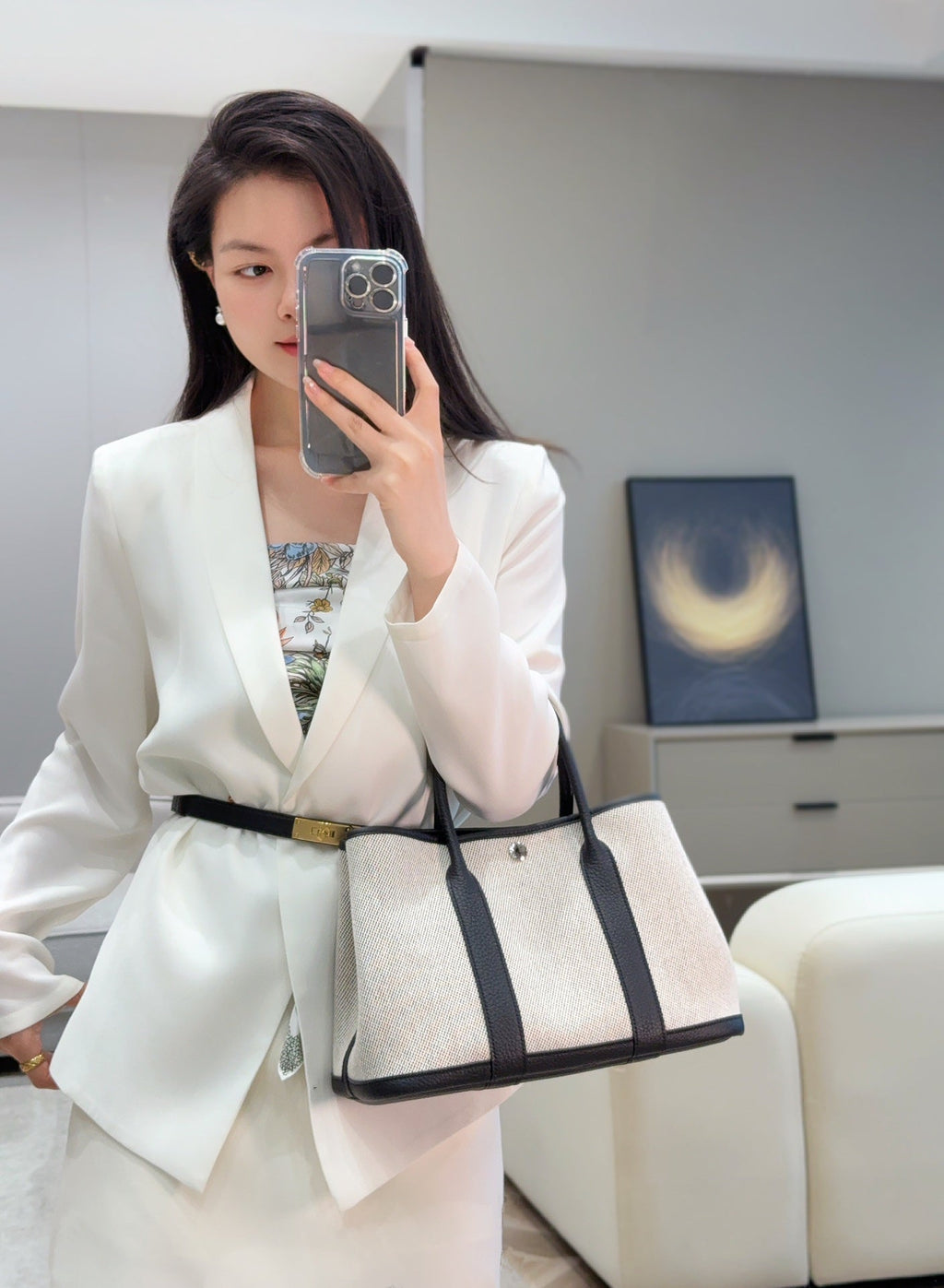 HERMES GARDEN PARTY 30CM IN WHITE TOILETS COTTON CANVAS AND BLACK CALFSKIN BLUE CANVAS ON SIDE OTHER