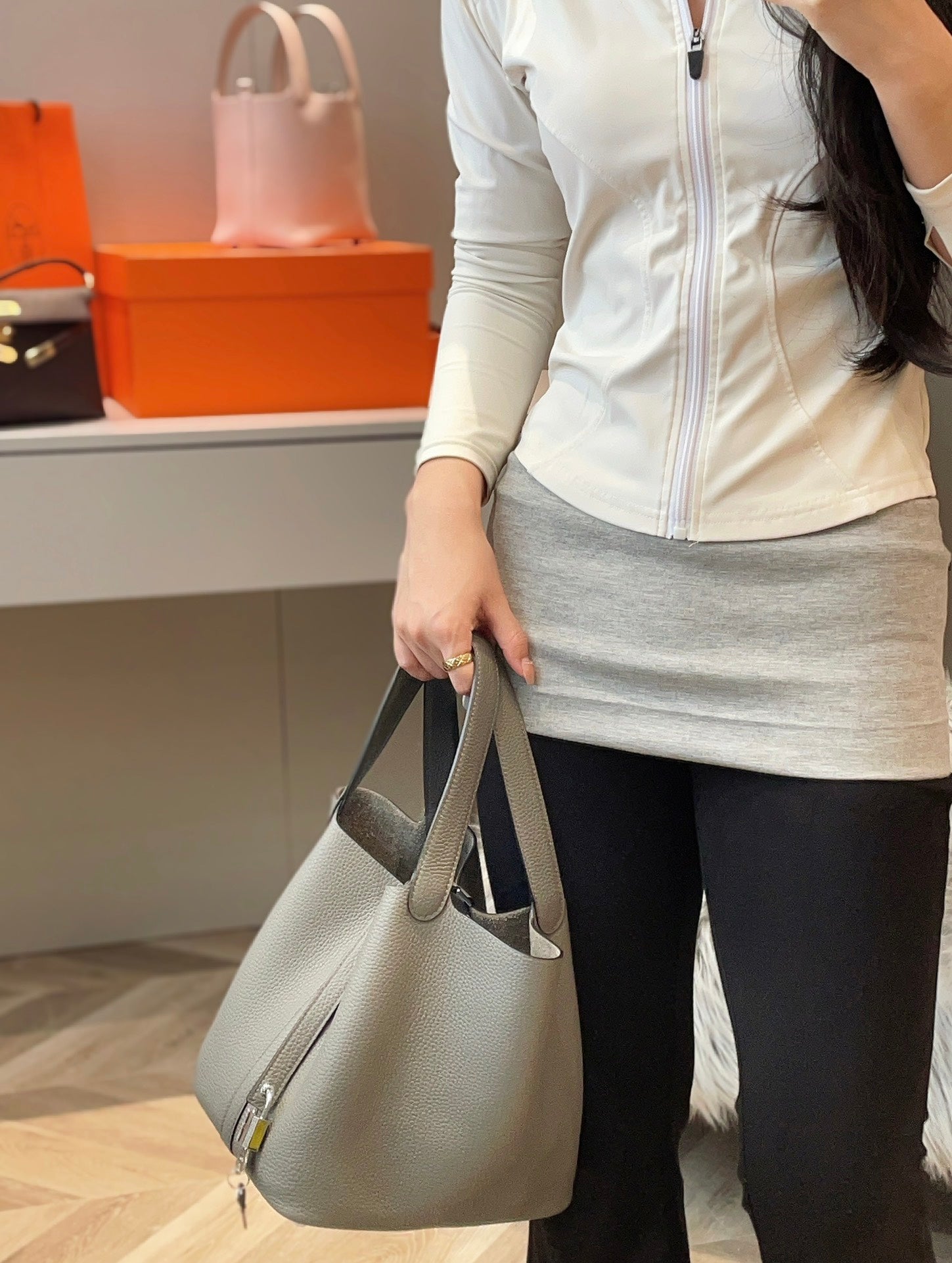 HERMES PICOTIN LOCK 22 IN GREY ETAIN CALFSKIN SILVER HARDWARE