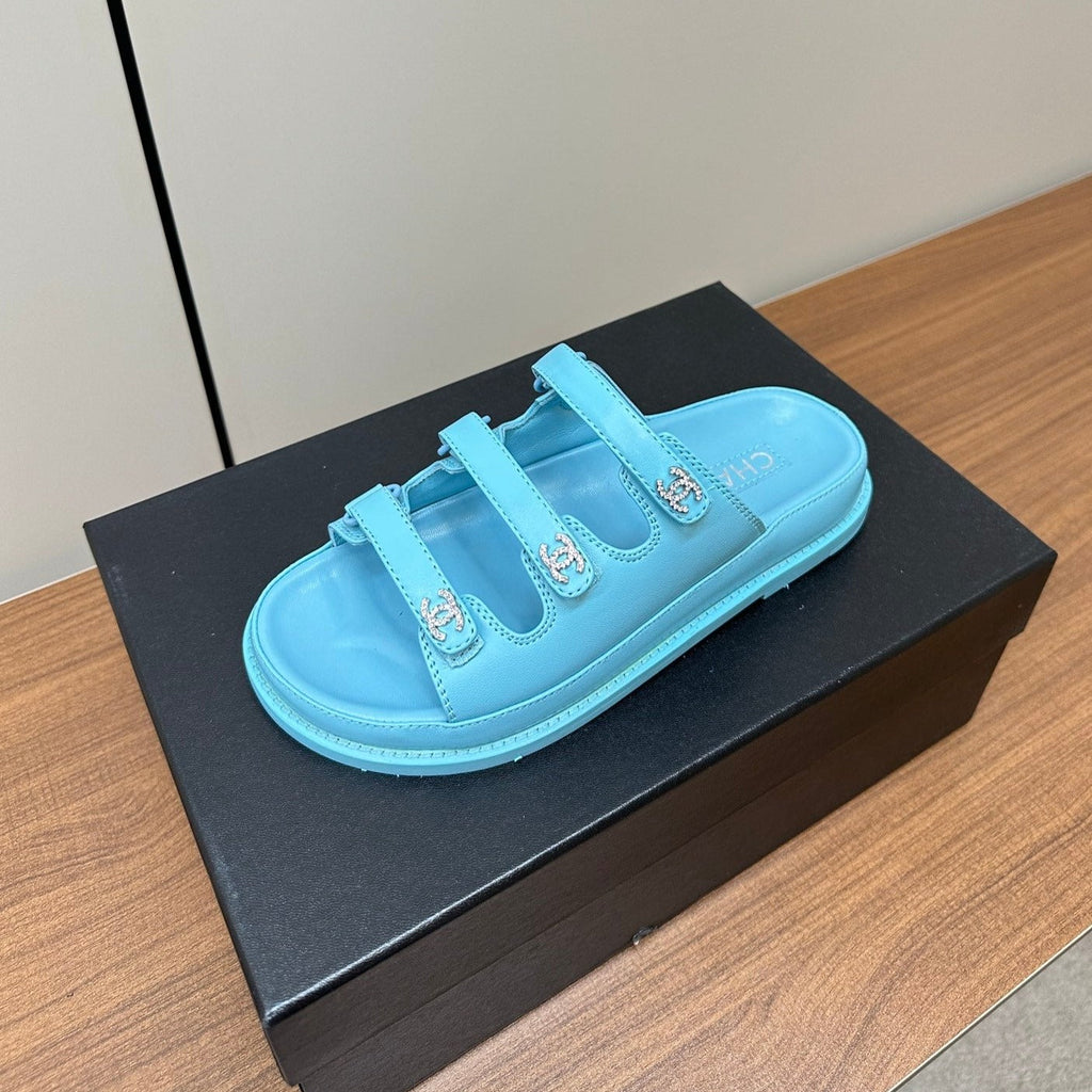 CHANEL dad sandals cloud blue 3 rows lambskin mules