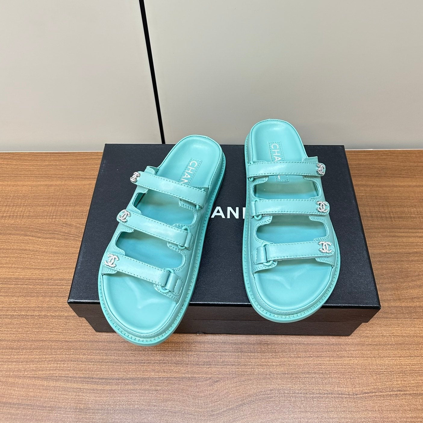 CHANEL dad sandals skye blue 3 rows lambskin mules