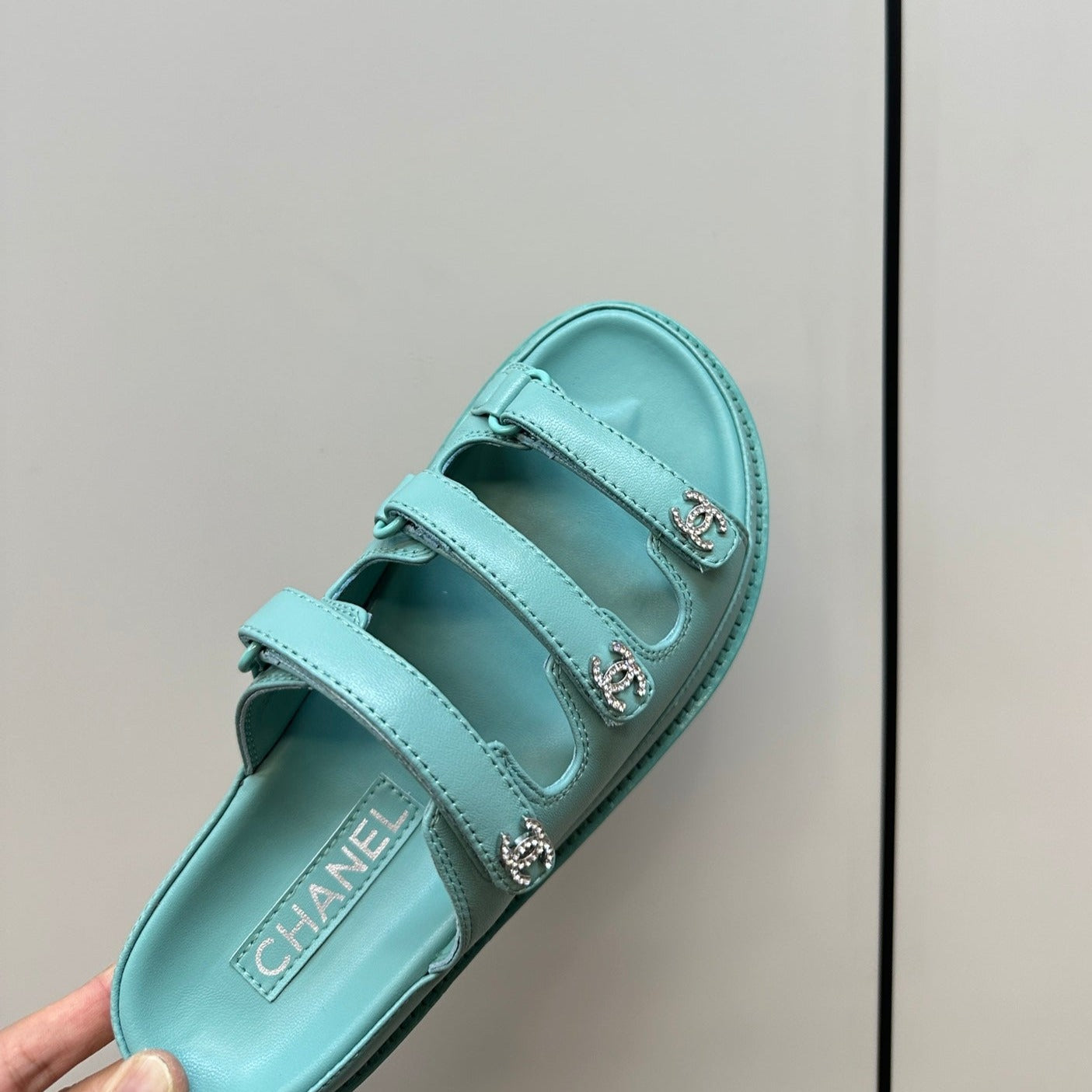 CHANEL dad sandals skye blue 3 rows lambskin mules