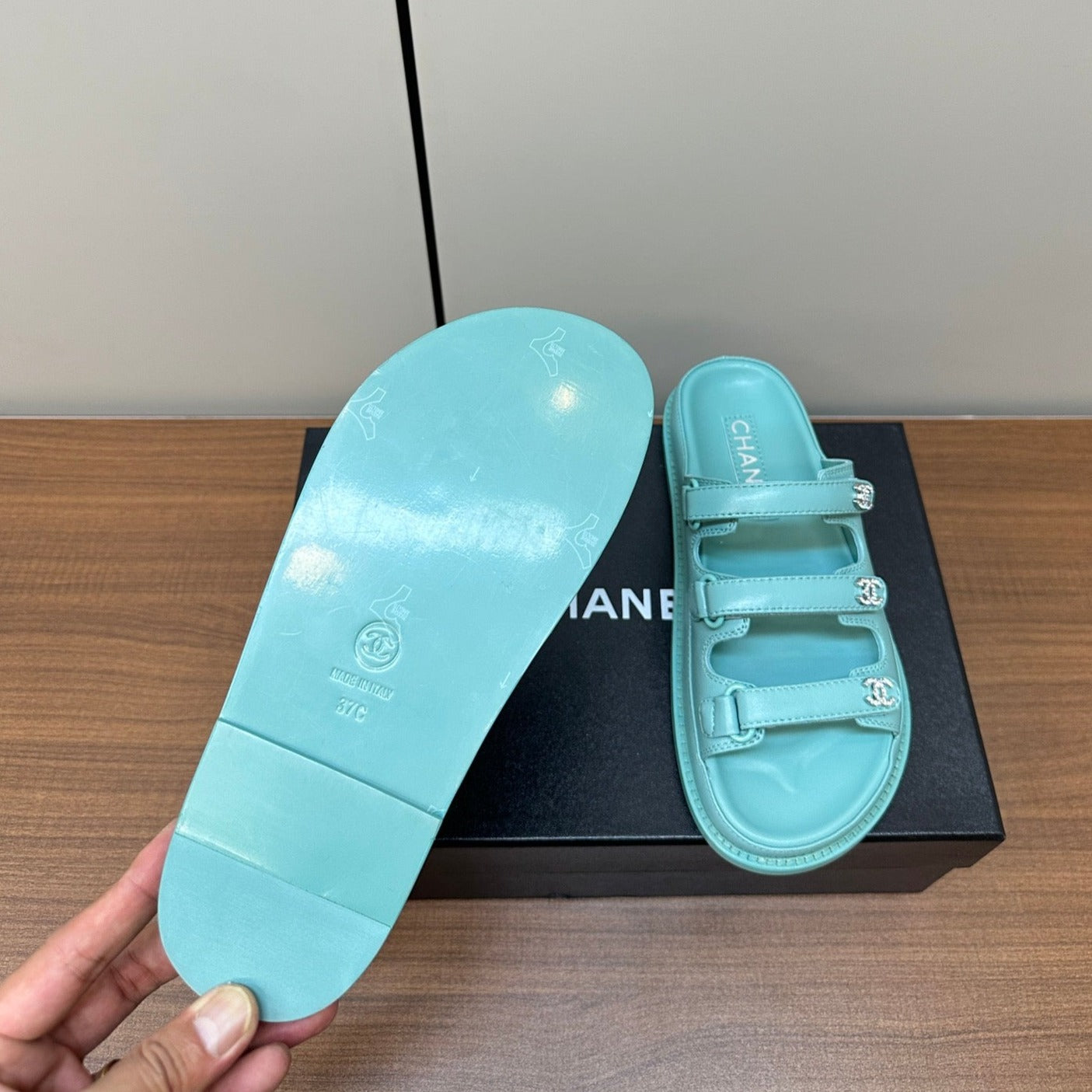 CHANEL dad sandals skye blue 3 rows lambskin mules