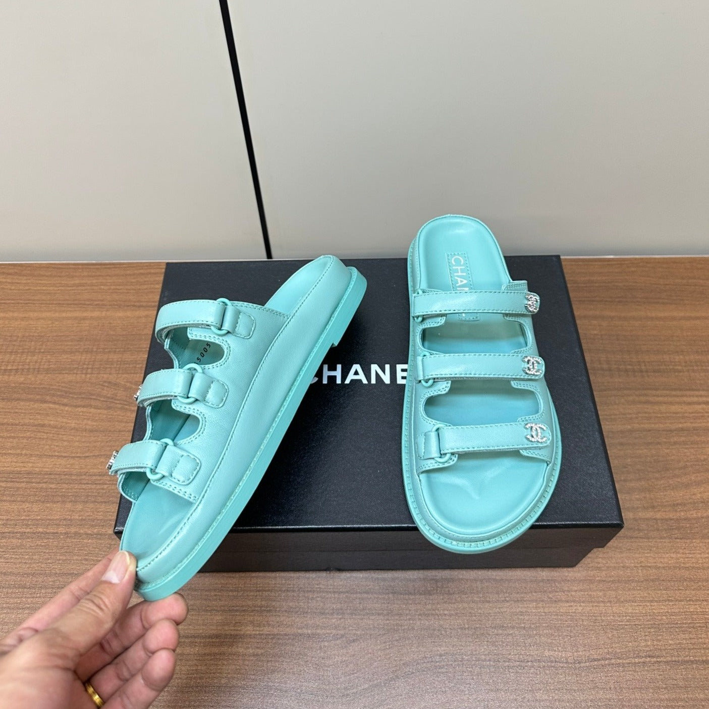 CHANEL dad sandals skye blue 3 rows lambskin mules