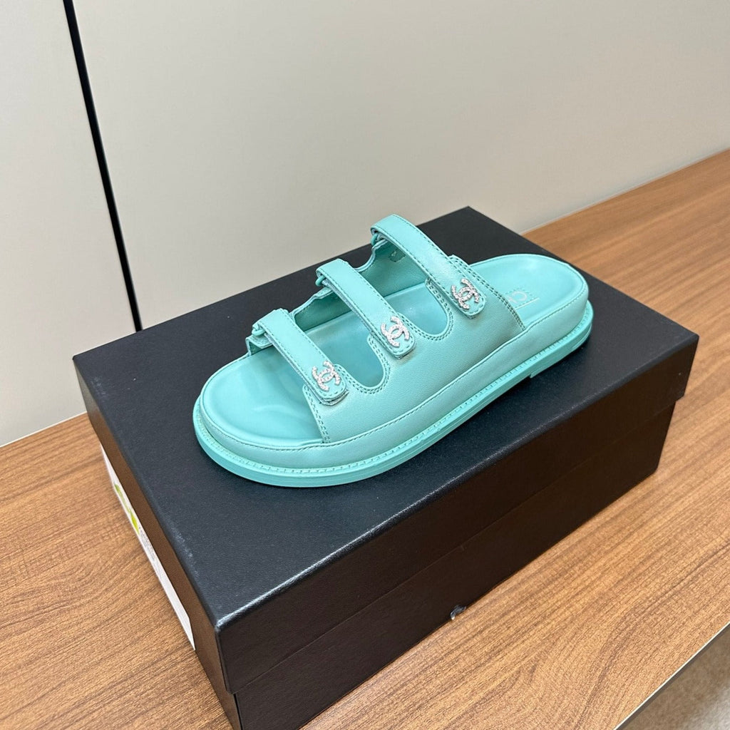 CHANEL dad sandals skye blue 3 rows lambskin mules