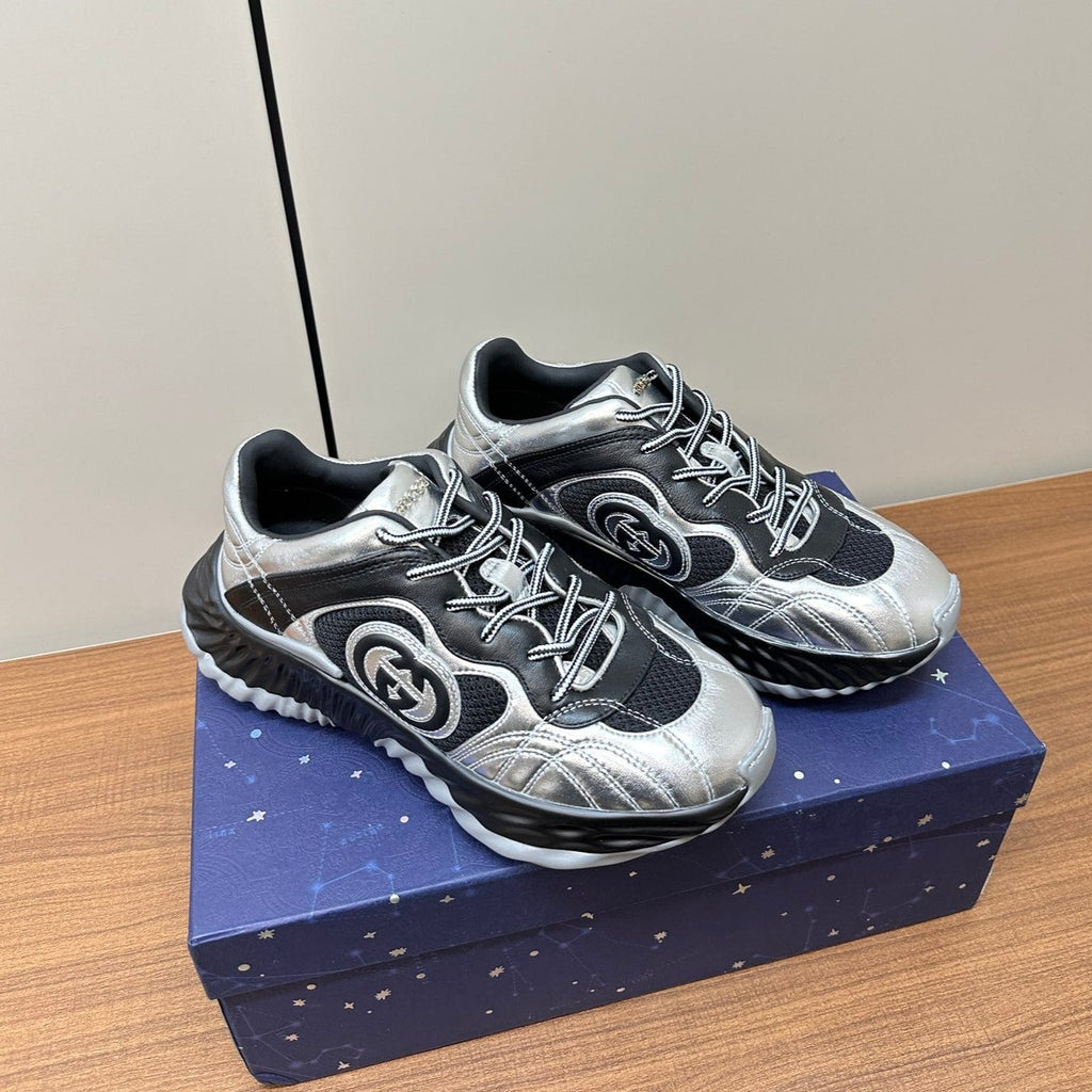 GUCCI Ripple Leather Sneakers Black Silver
