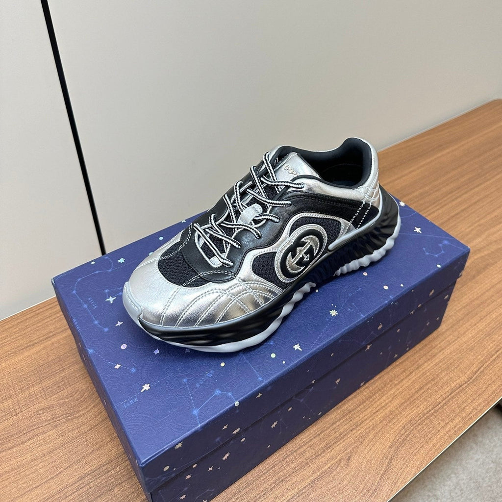 GUCCI Ripple Leather Sneakers Black Silver