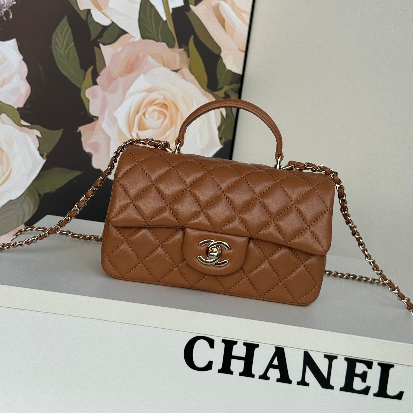 CHANEL FLAP BAG 20 IN BRONZE BROWN LAMBSKIN WITH HANDLE- NEW