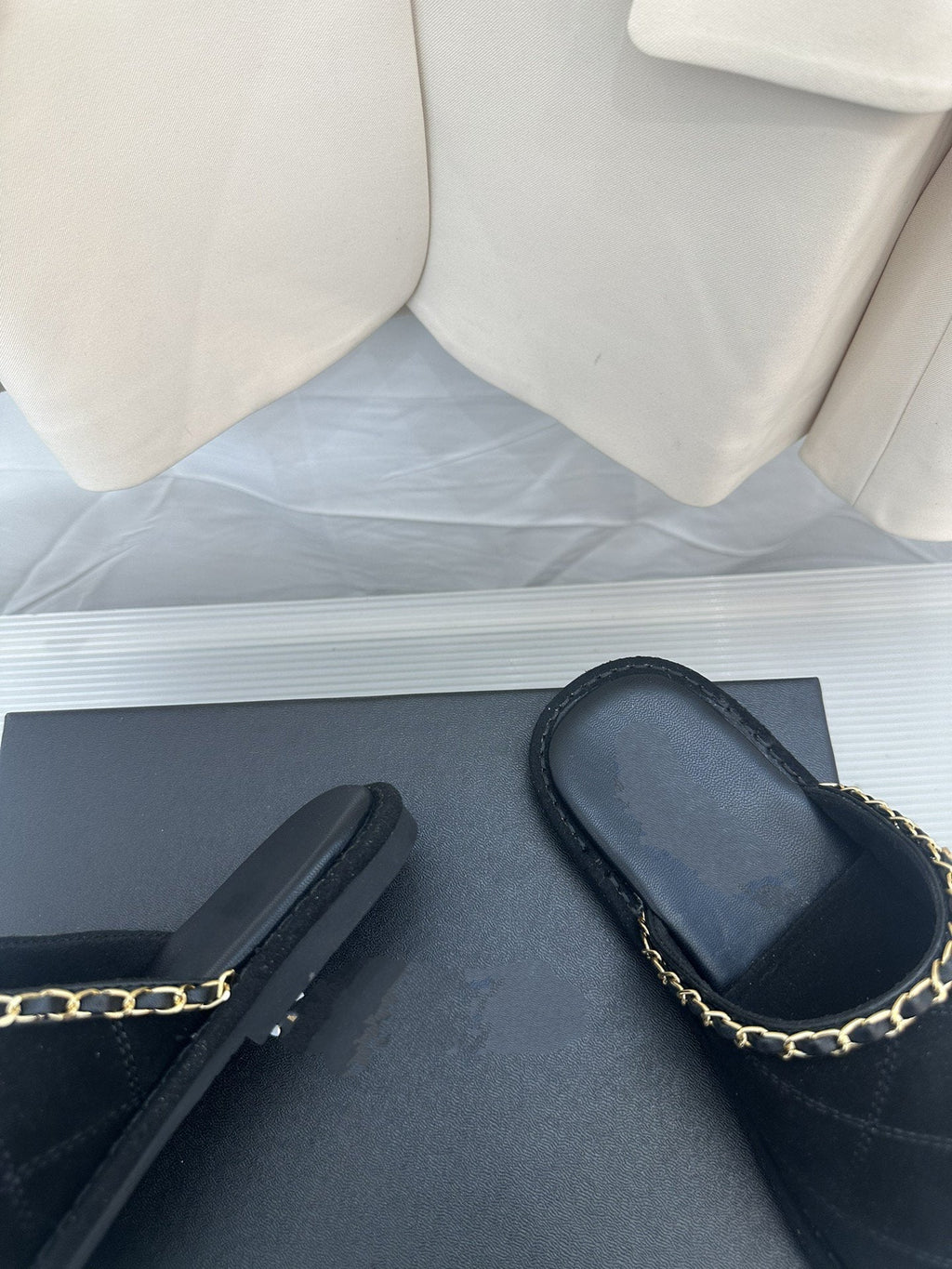 CHANEL Black Suede Gold Chain Mules