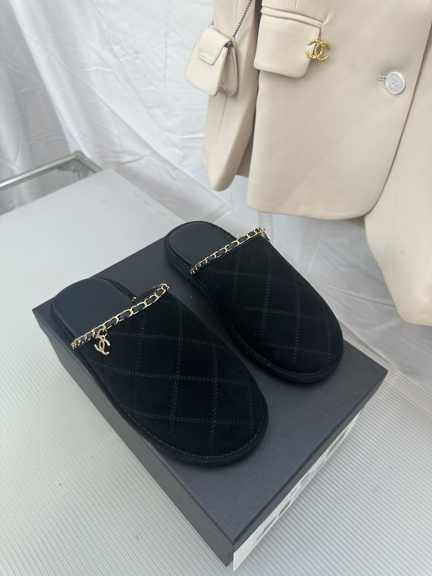 CHANEL Black Suede Gold Chain Mules