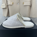 CHANEL White Suede Gold Chain Mules