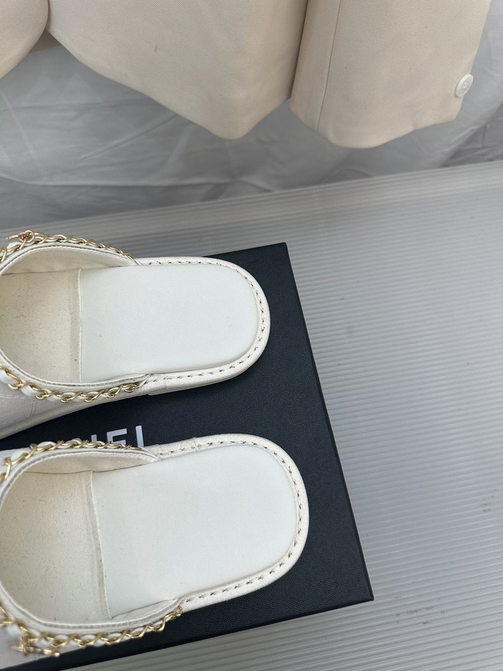 CHANEL White Suede Gold Chain Mules