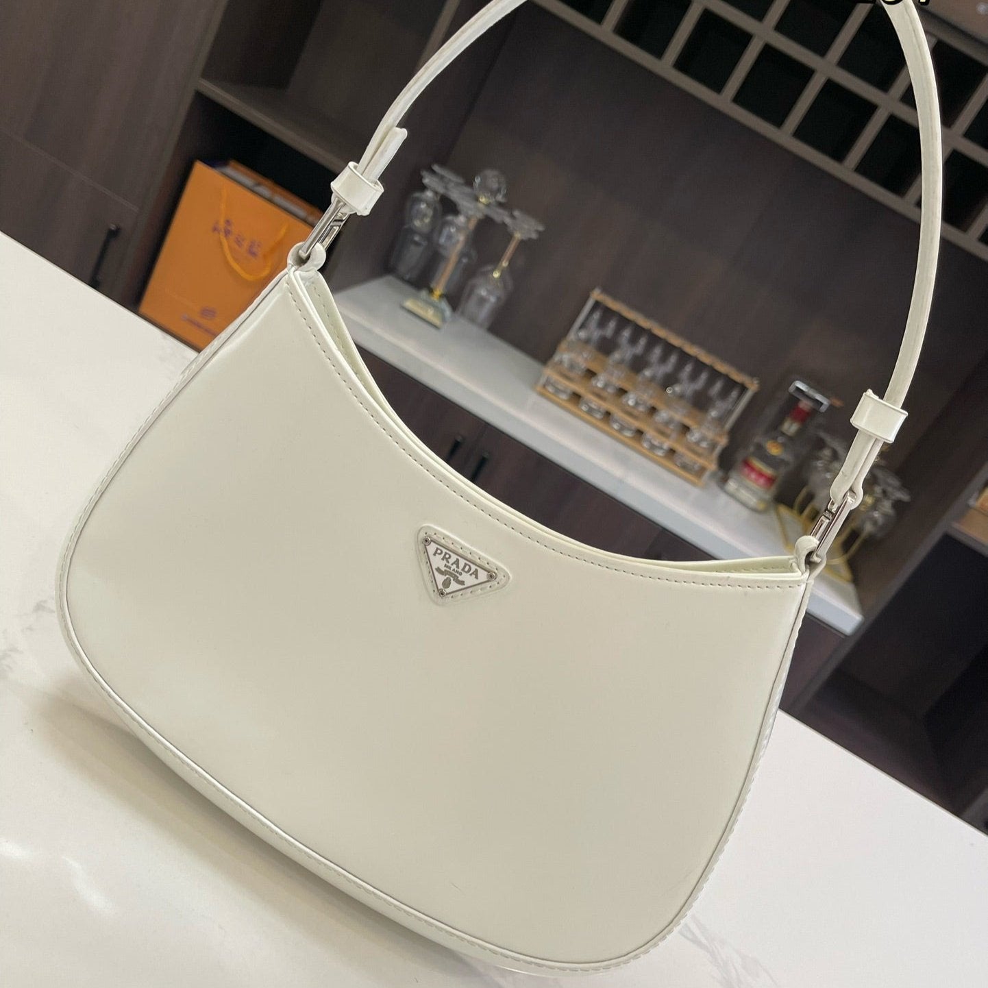 PRADA 30 CLEO SHOULDER BAG IN WHITE BRUSHED LEATHER