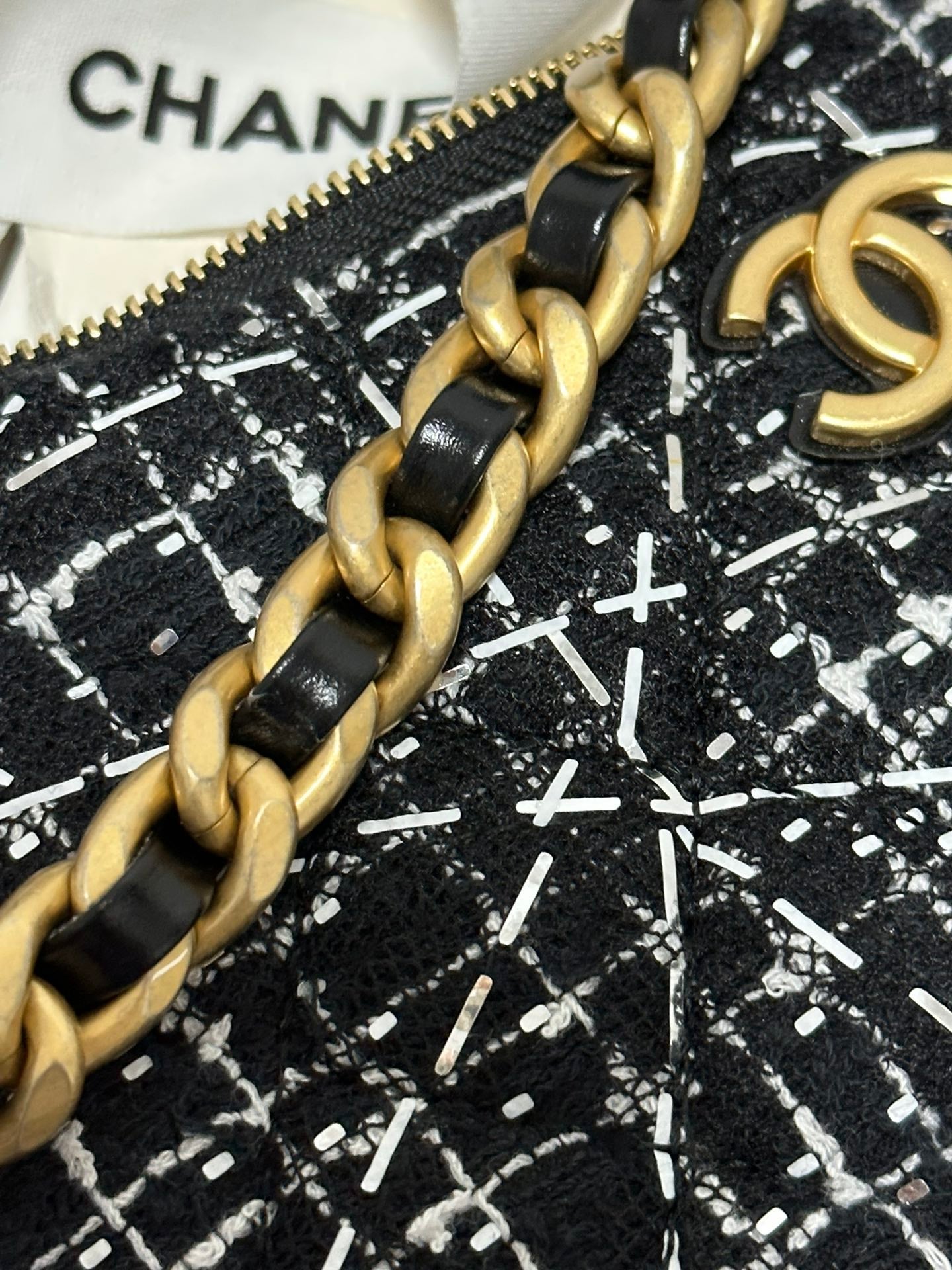 CHANEL HOBO BAG 23 IN BLACK MIX WHITE TWEED GOLD HARDWARE