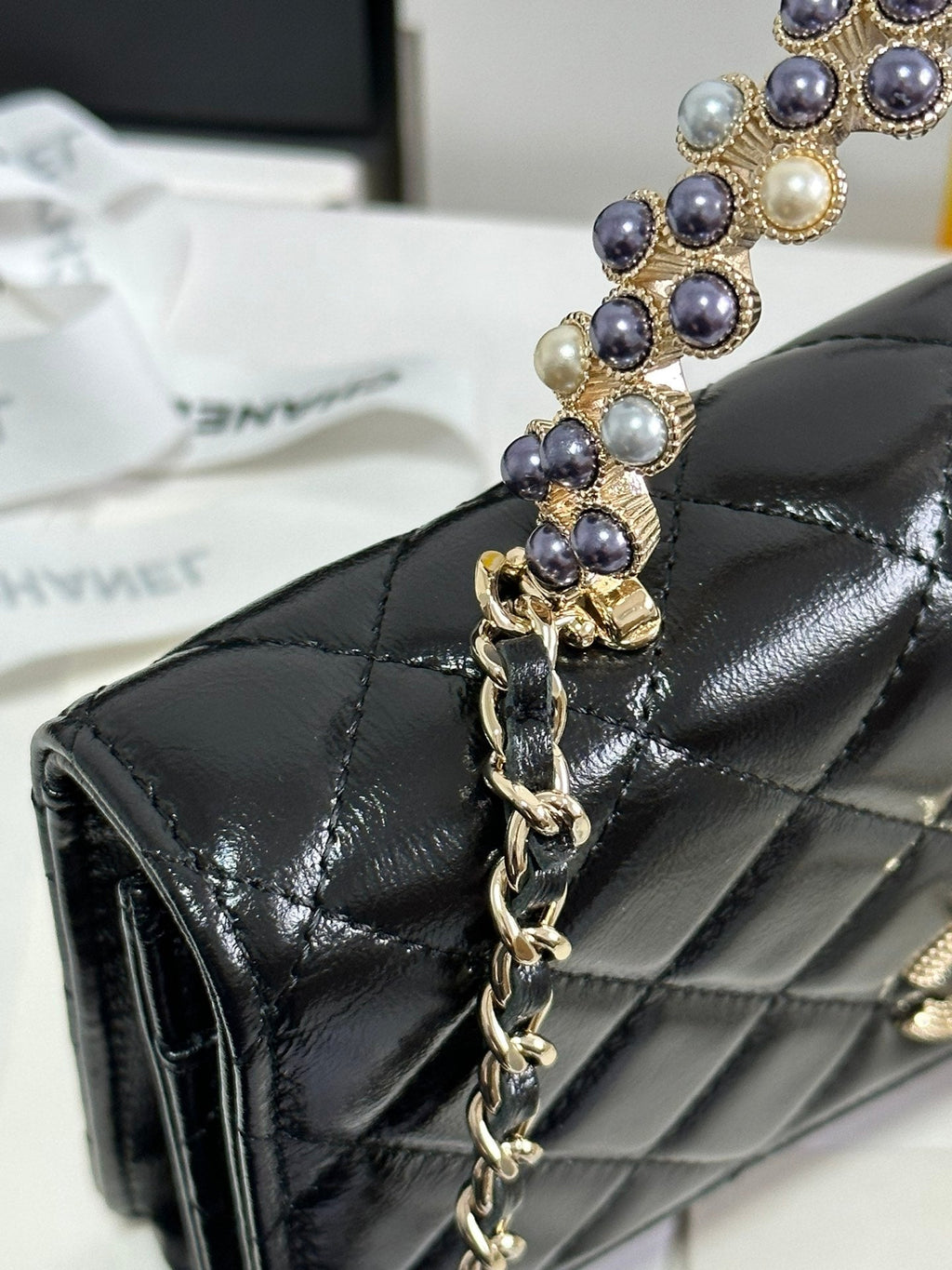 CHANEL PEARL HANDLE FLAP BAG 18 IN BLACK SHINY LAMBSKIN