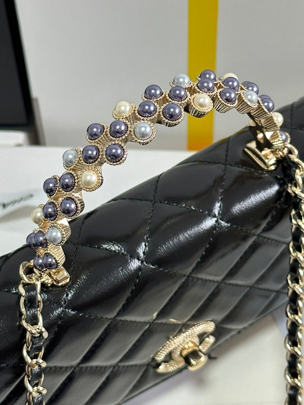 CHANEL PEARL HANDLE FLAP BAG 18 IN BLACK SHINY LAMBSKIN