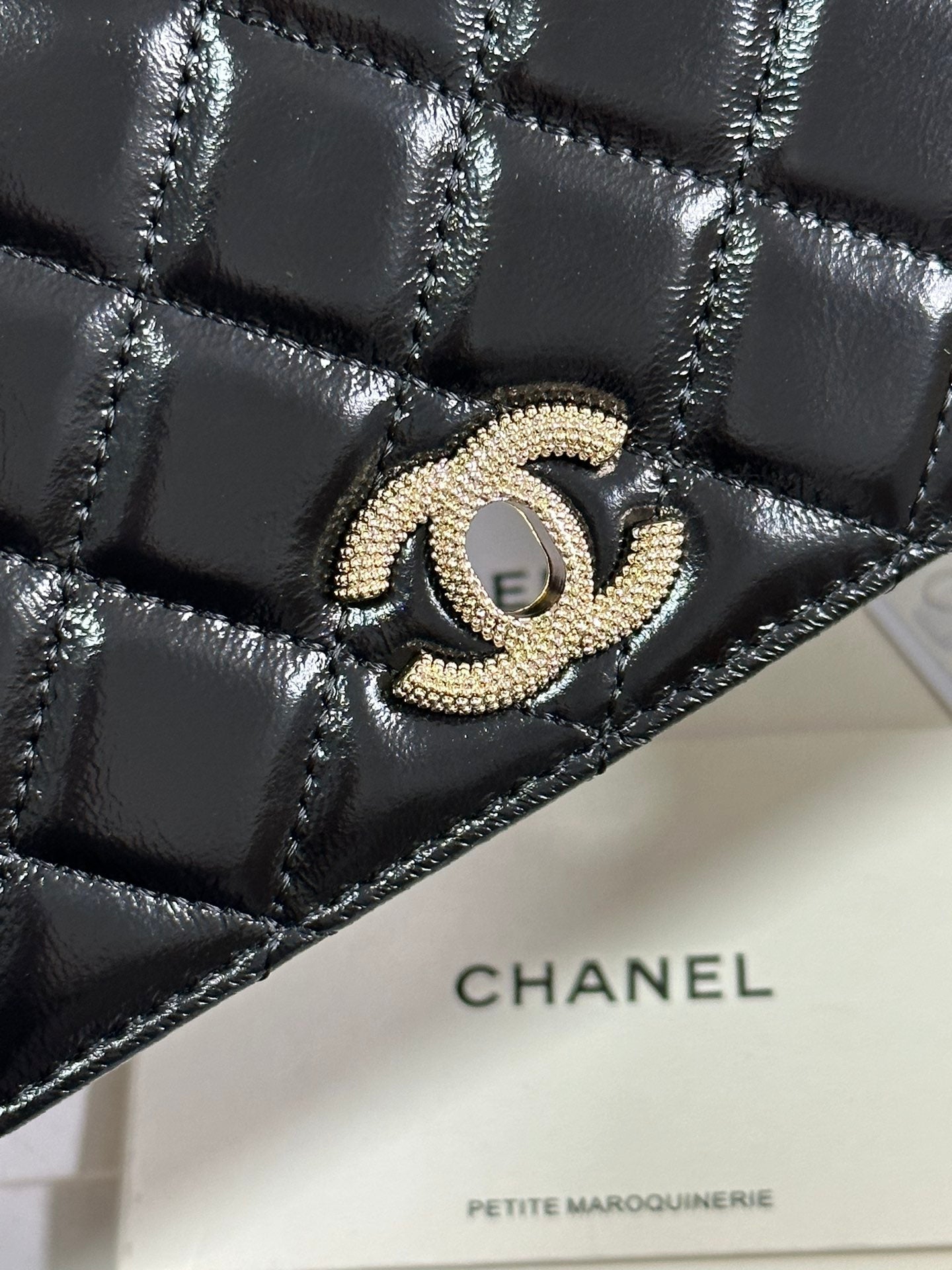 CHANEL PEARL HANDLE FLAP BAG 18 IN BLACK SHINY LAMBSKIN