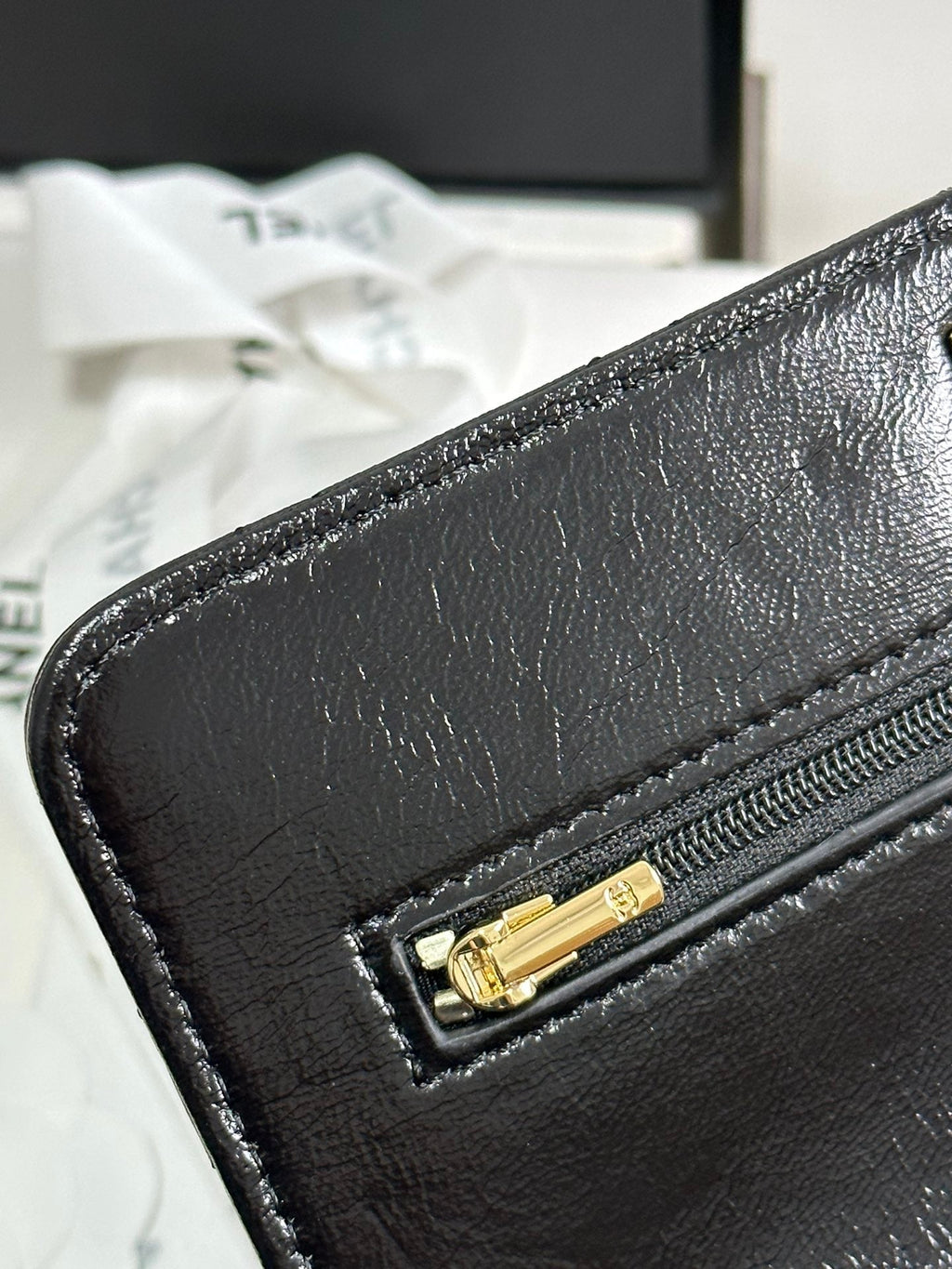 CHANEL PEARL HANDLE FLAP BAG 18 IN BLACK SHINY LAMBSKIN