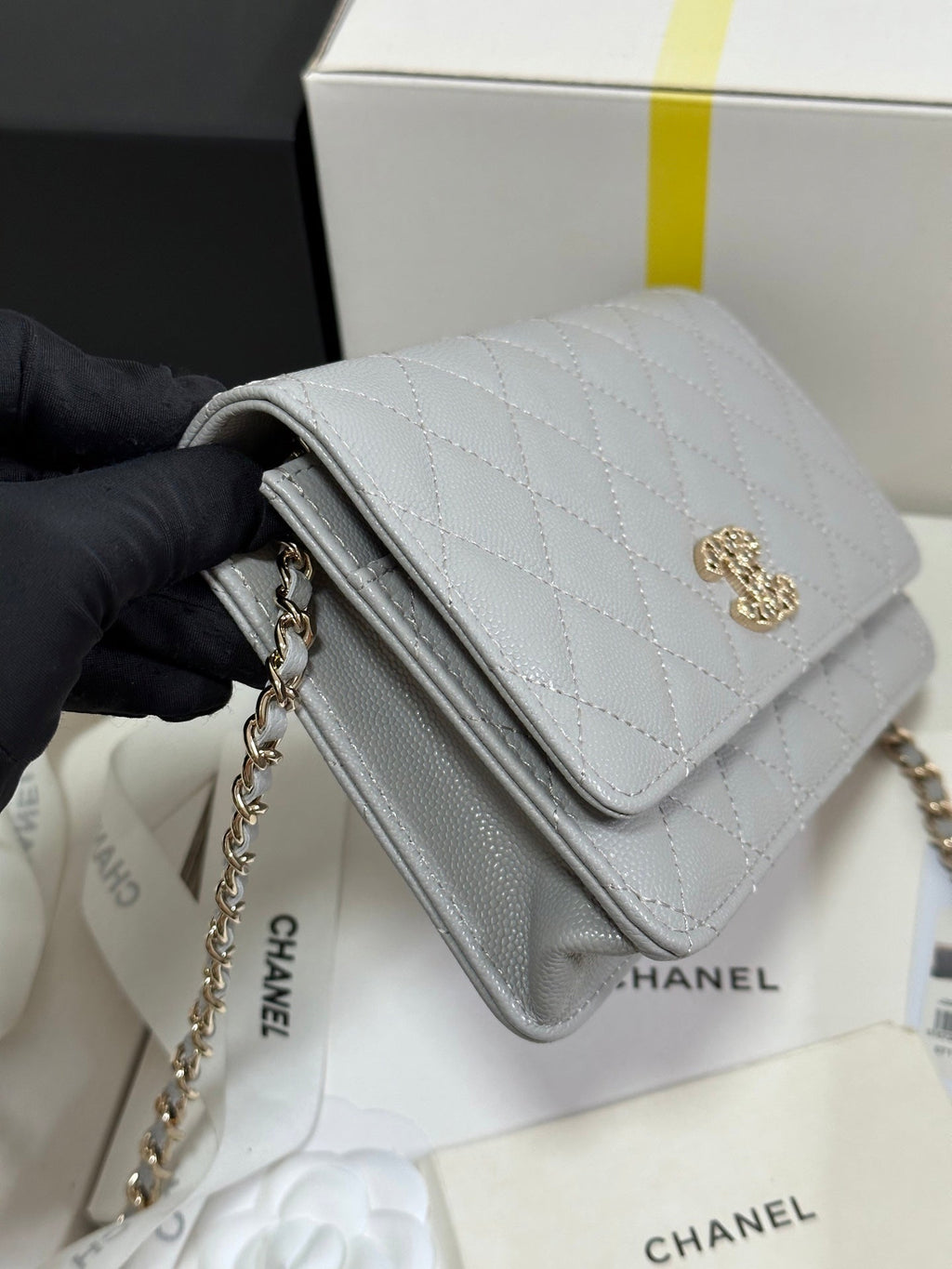 CHANEL STRASS WOC ENTRUPY BAG 19 IN SPANISH GREY CALFSKIN GOLD HARDWARE