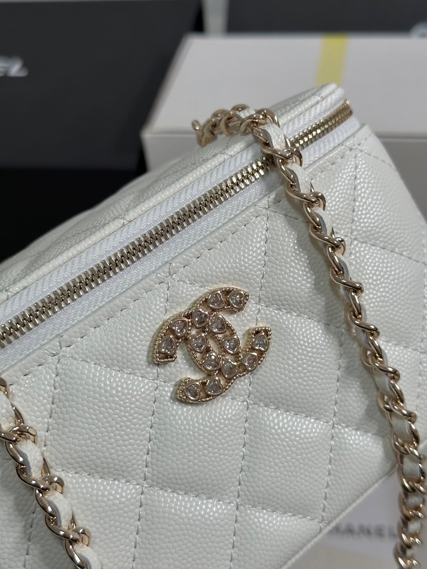 CHANEL VANITY CASE 17 CRYSTAL STUDDED LOGO IN WHITE CALFSKIN GOLD HARDWARE