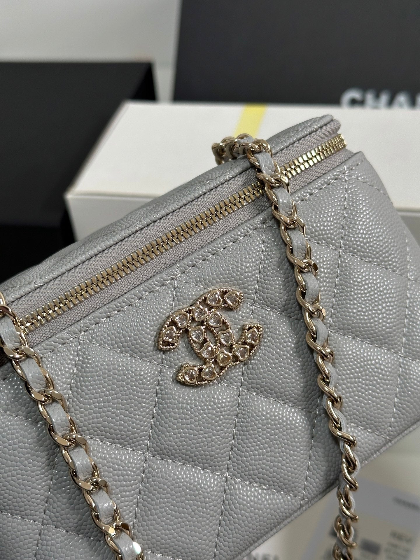 CHANEL VANITY CASE 17 CRYSTAL STUDDED LOGO IN GREY CALFSKIN GOLD HARDWARE