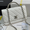 CHANEL FLAP BAG WITH SILVER-TONE HANDLE 19 IN WHITE CAVIAR SKIN