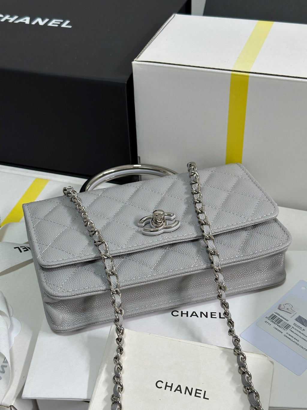 CHANEL FLAP BAG WITH SILVER-TONE HANDLE 19 IN GREY SHINY CAVIAR SKIN