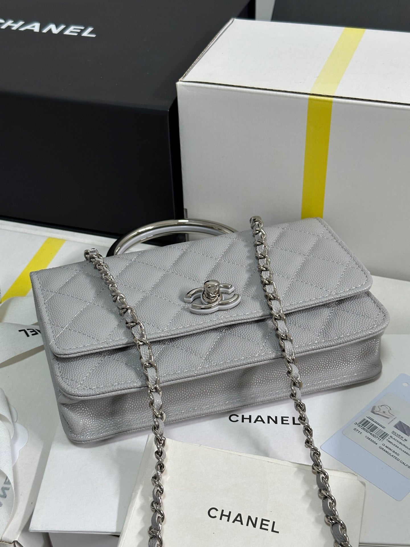 CHANEL FLAP BAG WITH SILVER-TONE HANDLE 19 IN GREY SHINY CAVIAR SKIN