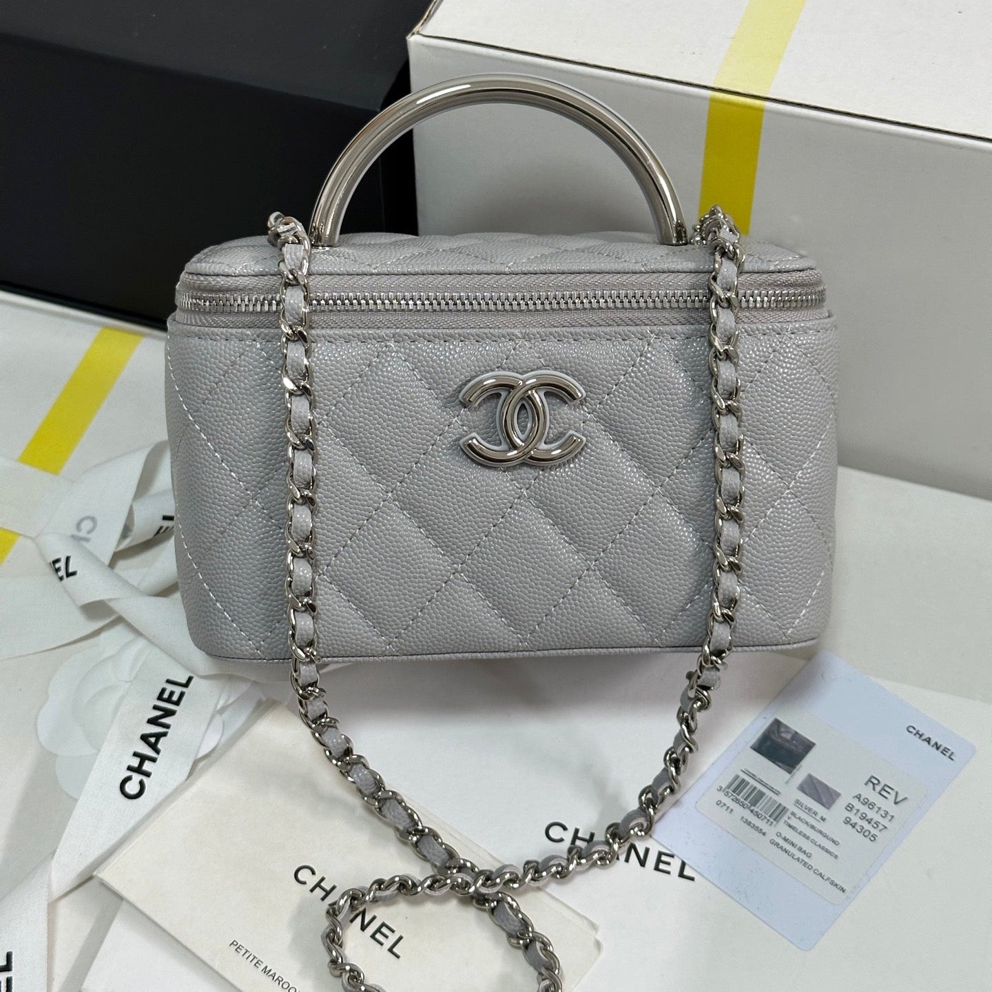CHANEL MINI VANITY TOP HANDLE CASE 17 IN GREY CAVIAR SKIN SILVER-TONE PLATED METAL
