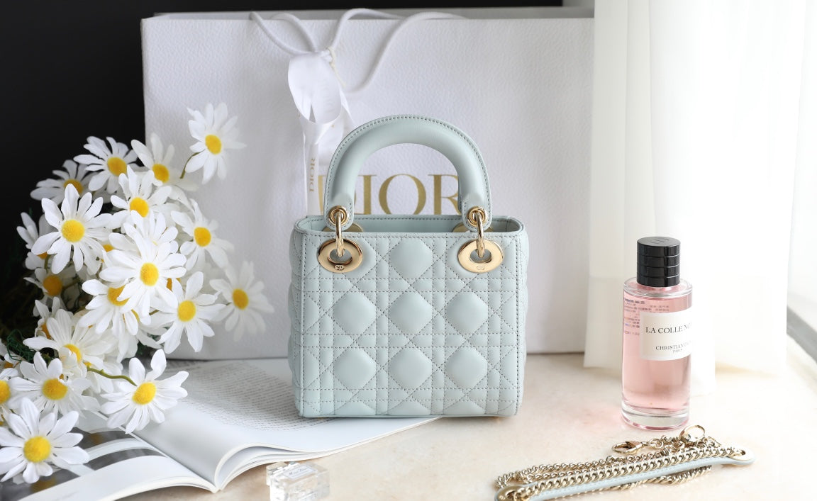 DIOR LADY 17 IN LIGHT BLUE LAMBSKIN WITH CANNAGE PATTERN
