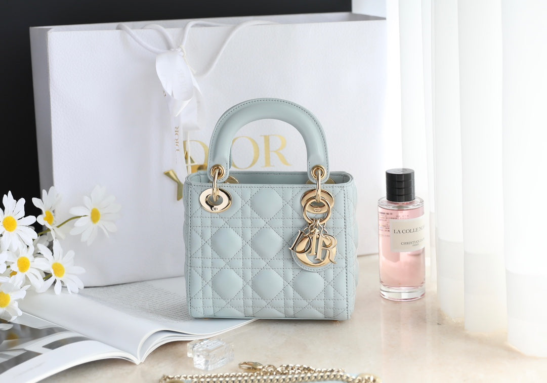 DIOR LADY 17 IN LIGHT BLUE LAMBSKIN WITH CANNAGE PATTERN