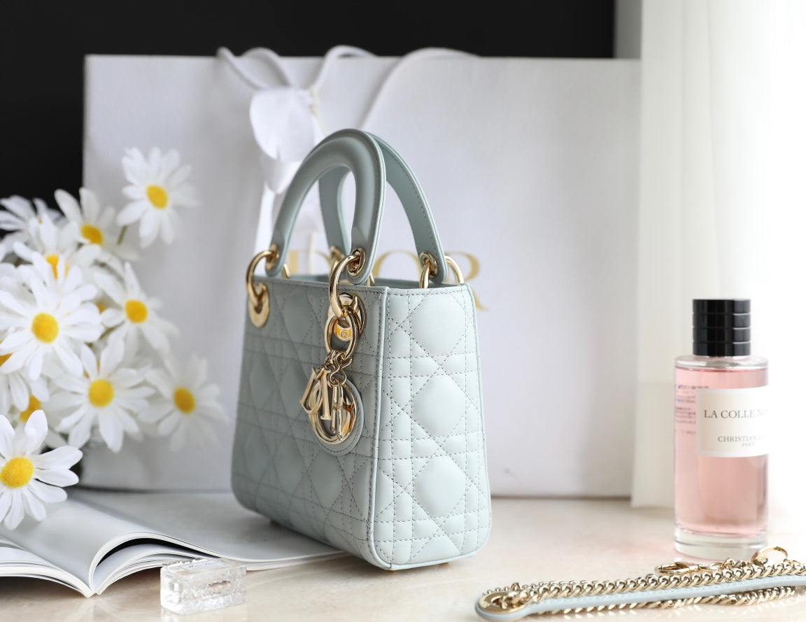 DIOR LADY 17 IN LIGHT BLUE LAMBSKIN WITH CANNAGE PATTERN