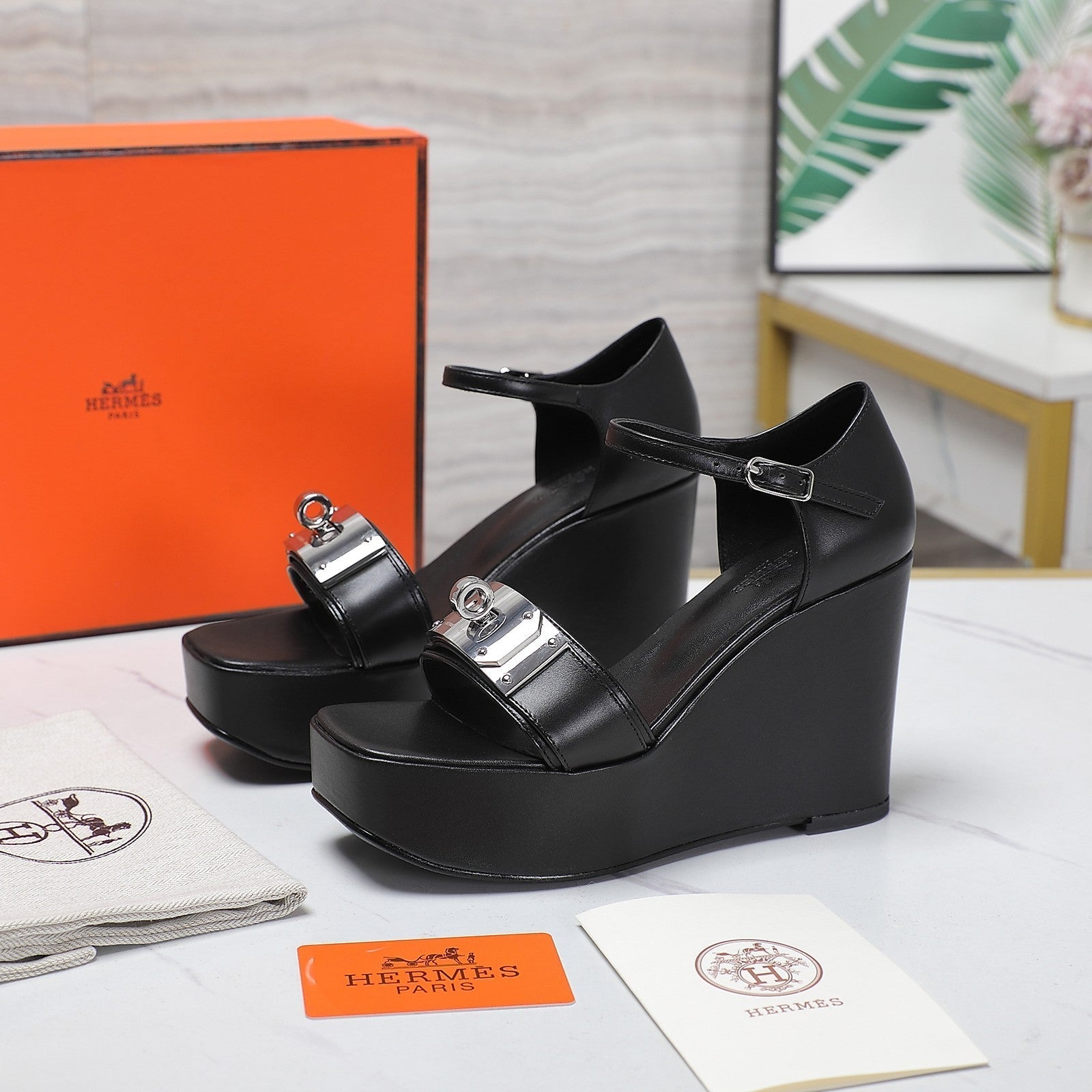 HERMES WEDGES SANDALS BLACK LAMBSKIN