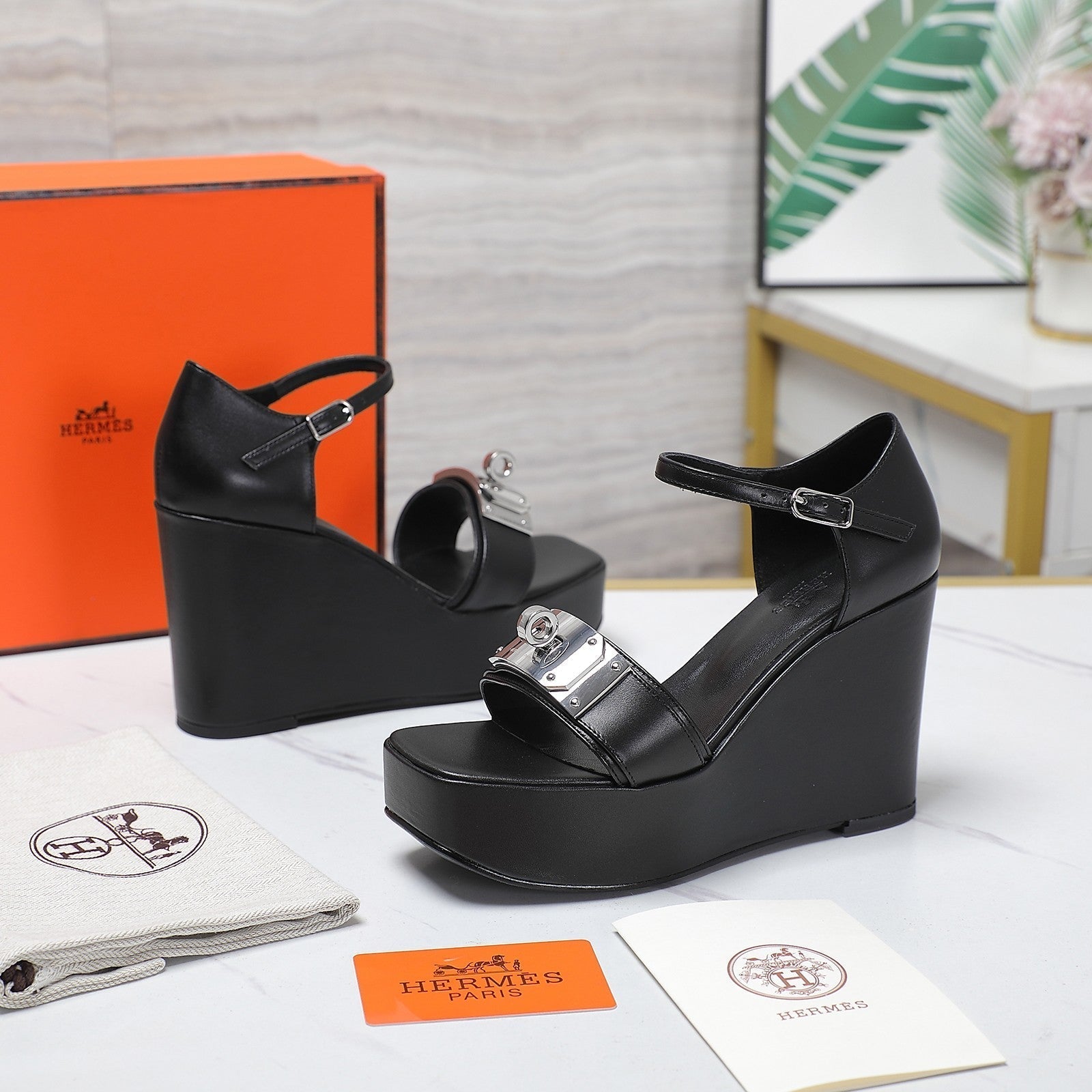 HERMES WEDGES SANDALS BLACK LAMBSKIN