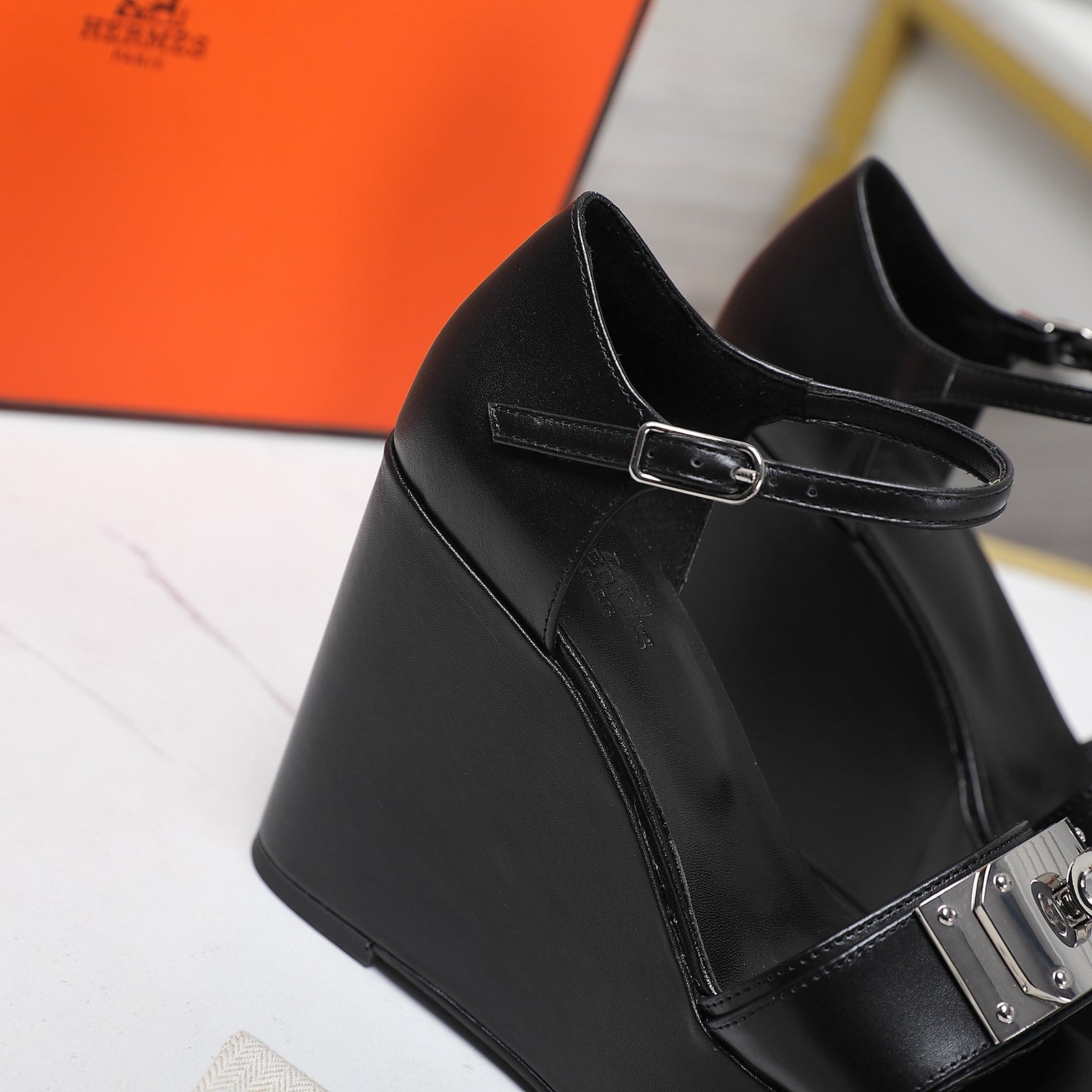 HERMES WEDGES SANDALS BLACK LAMBSKIN