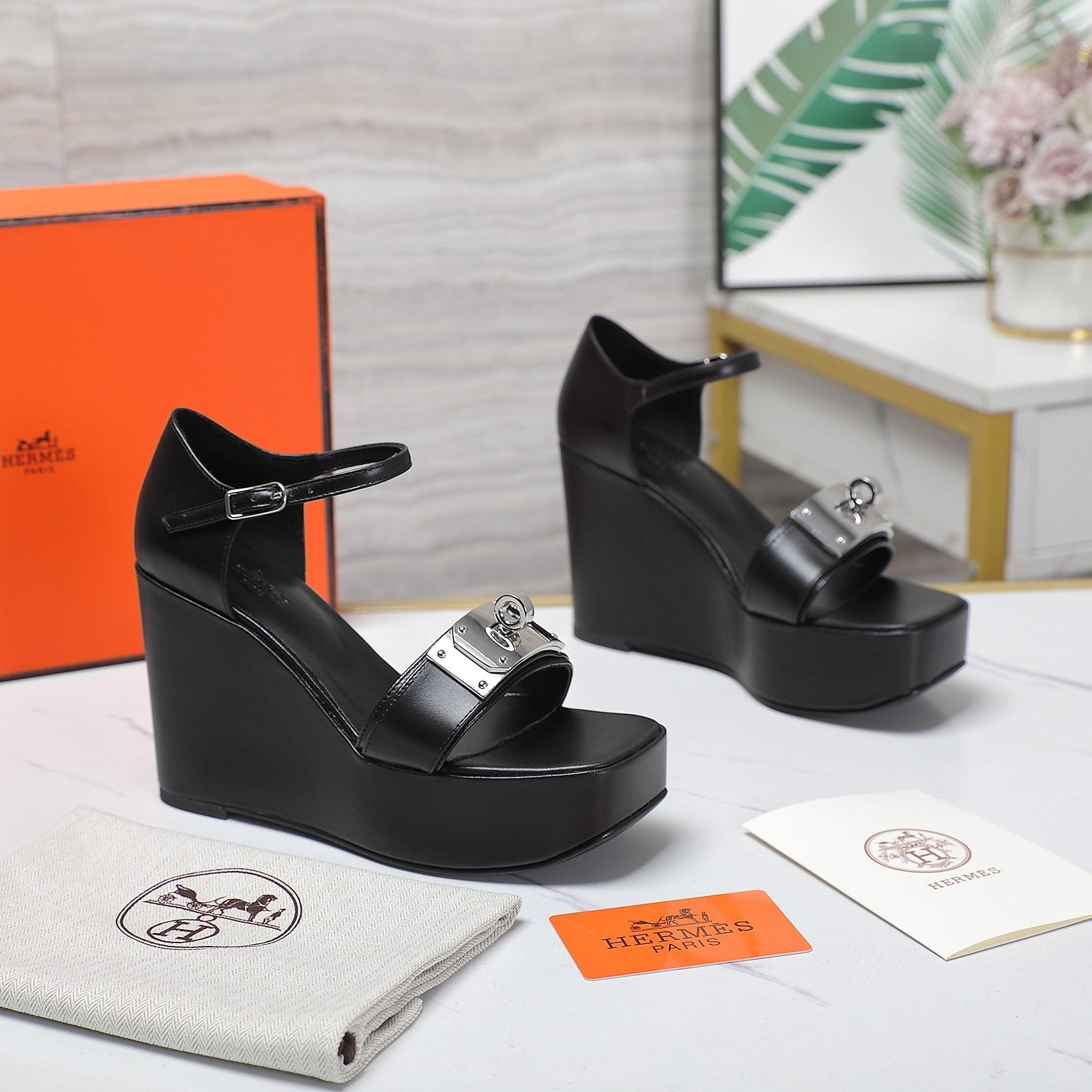 HERMES WEDGES SANDALS BLACK LAMBSKIN
