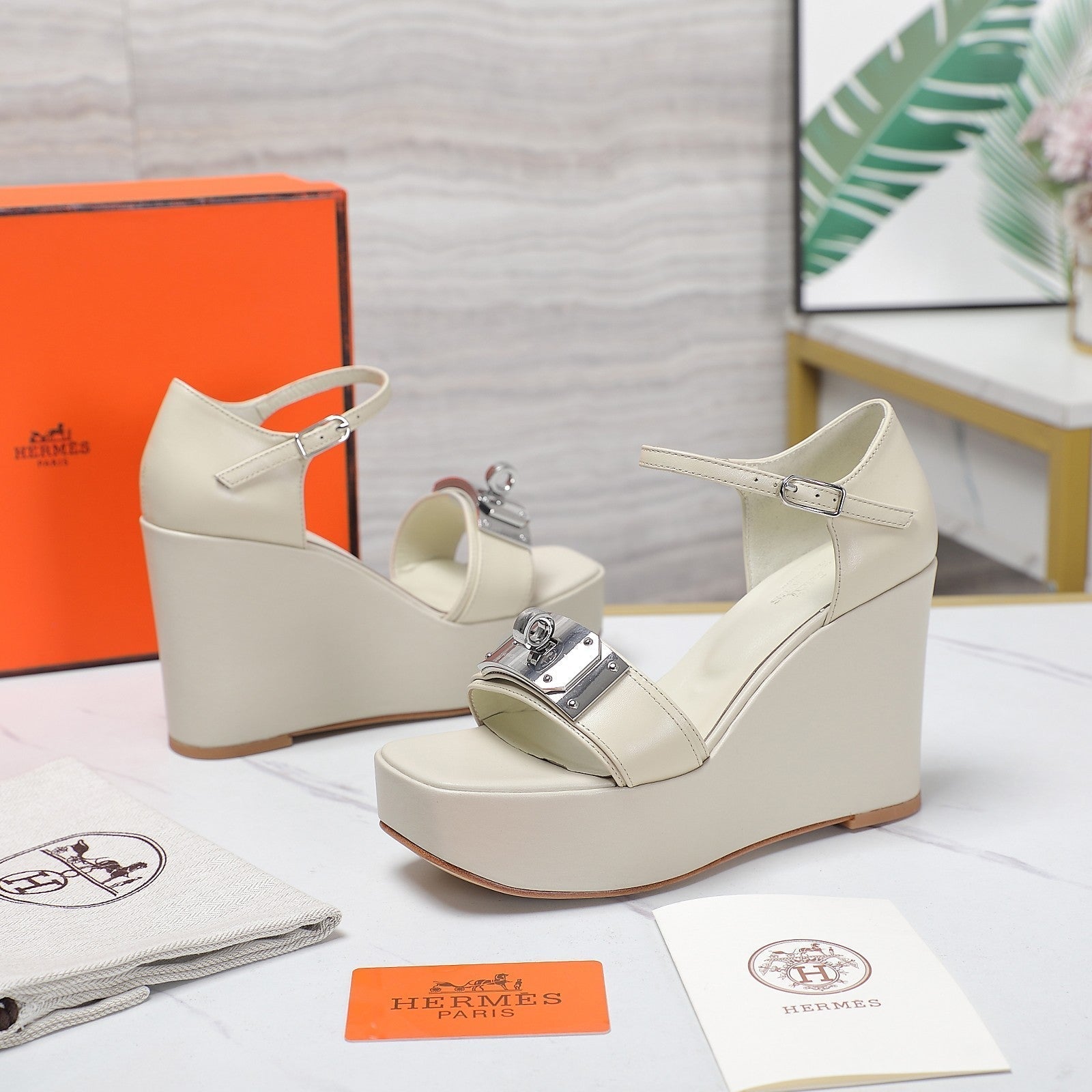 HERMES WEDGES SANDALS SNOW LAMBSKIN