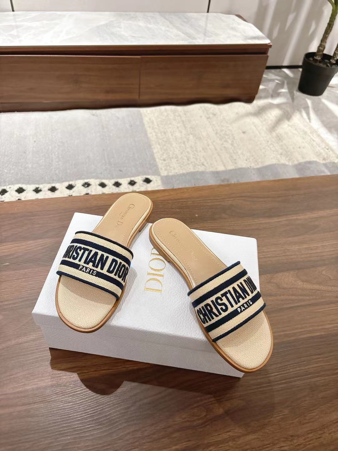 DIOR DWAY SLIDES IN BEIGE AND NAVY BLUE TECHNICAL FABRIC
