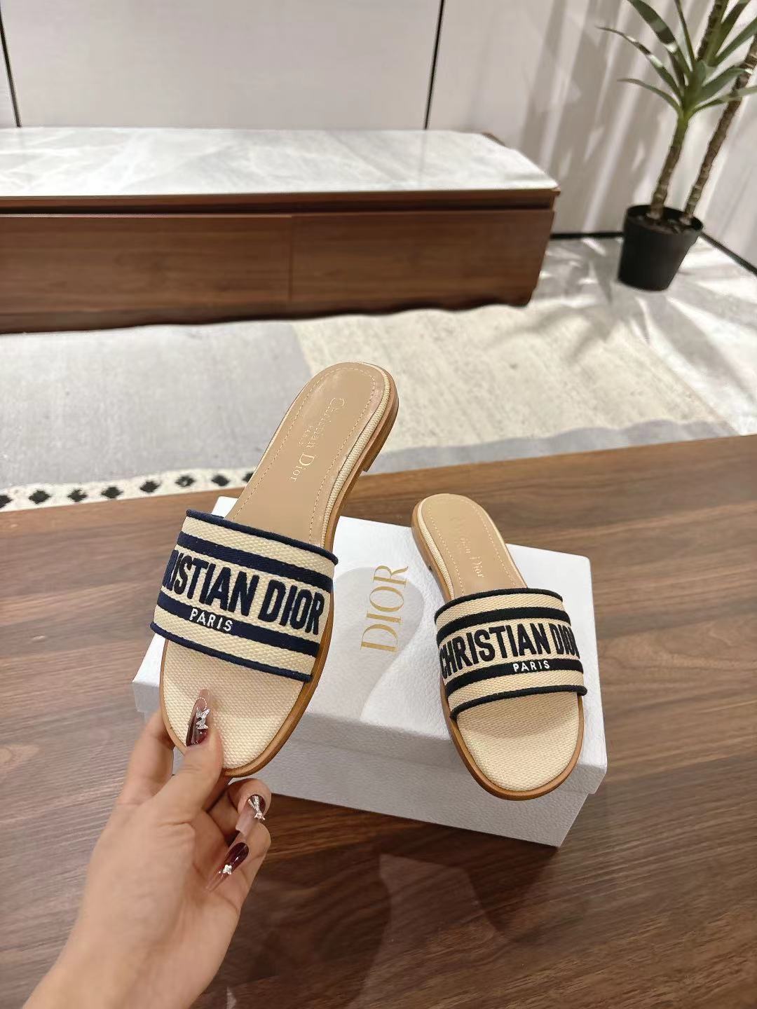 DIOR DWAY SLIDES IN BEIGE AND NAVY BLUE TECHNICAL FABRIC