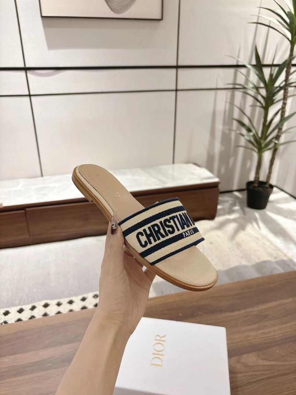 DIOR DWAY SLIDES IN BEIGE AND NAVY BLUE TECHNICAL FABRIC